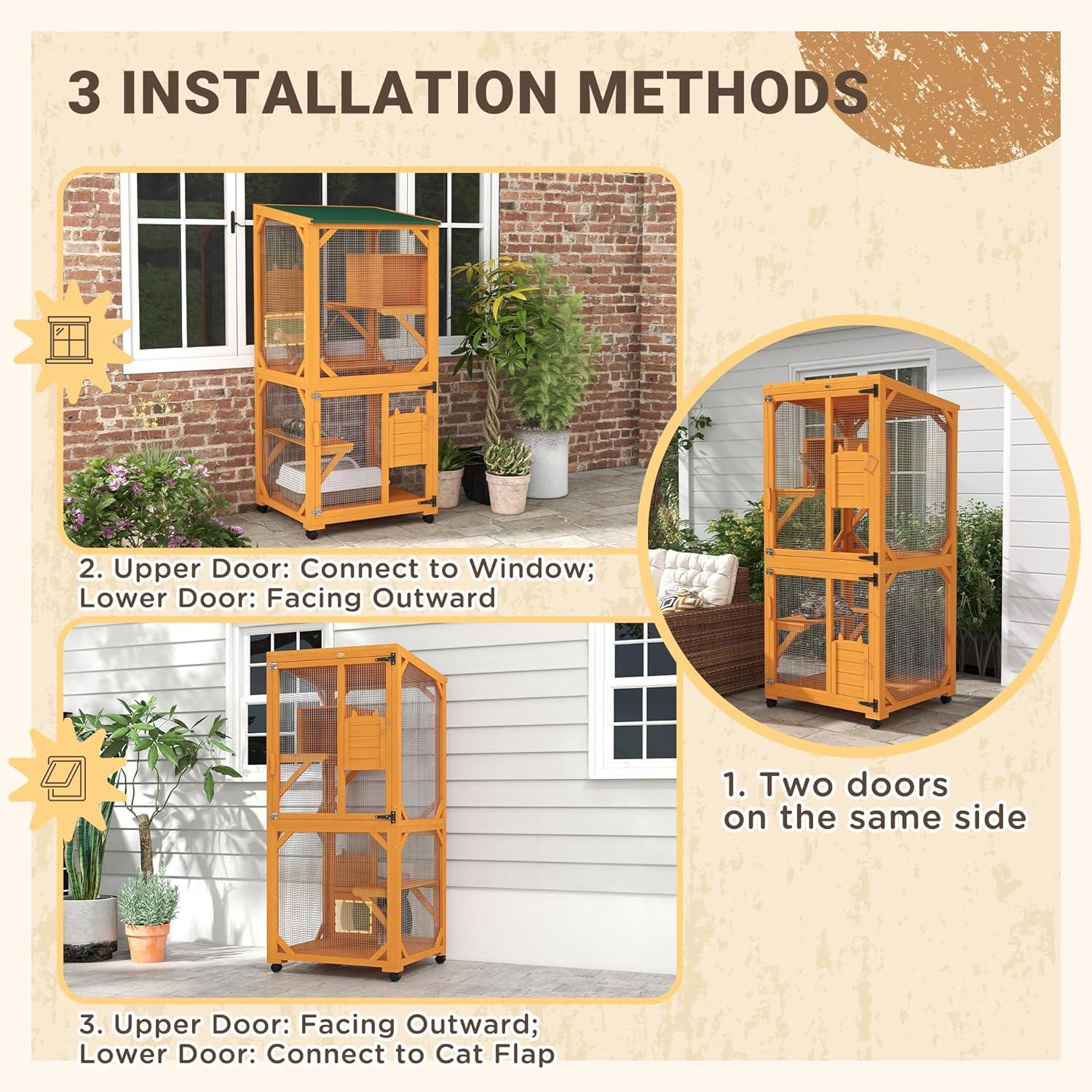 PawHut Catio Outdoor, Large Cat Enclosure, Wooden Kitten House, Elevated Design, with Wheels, Water-Resistant, Multi Platforms, for 1-3 Cats, Orange