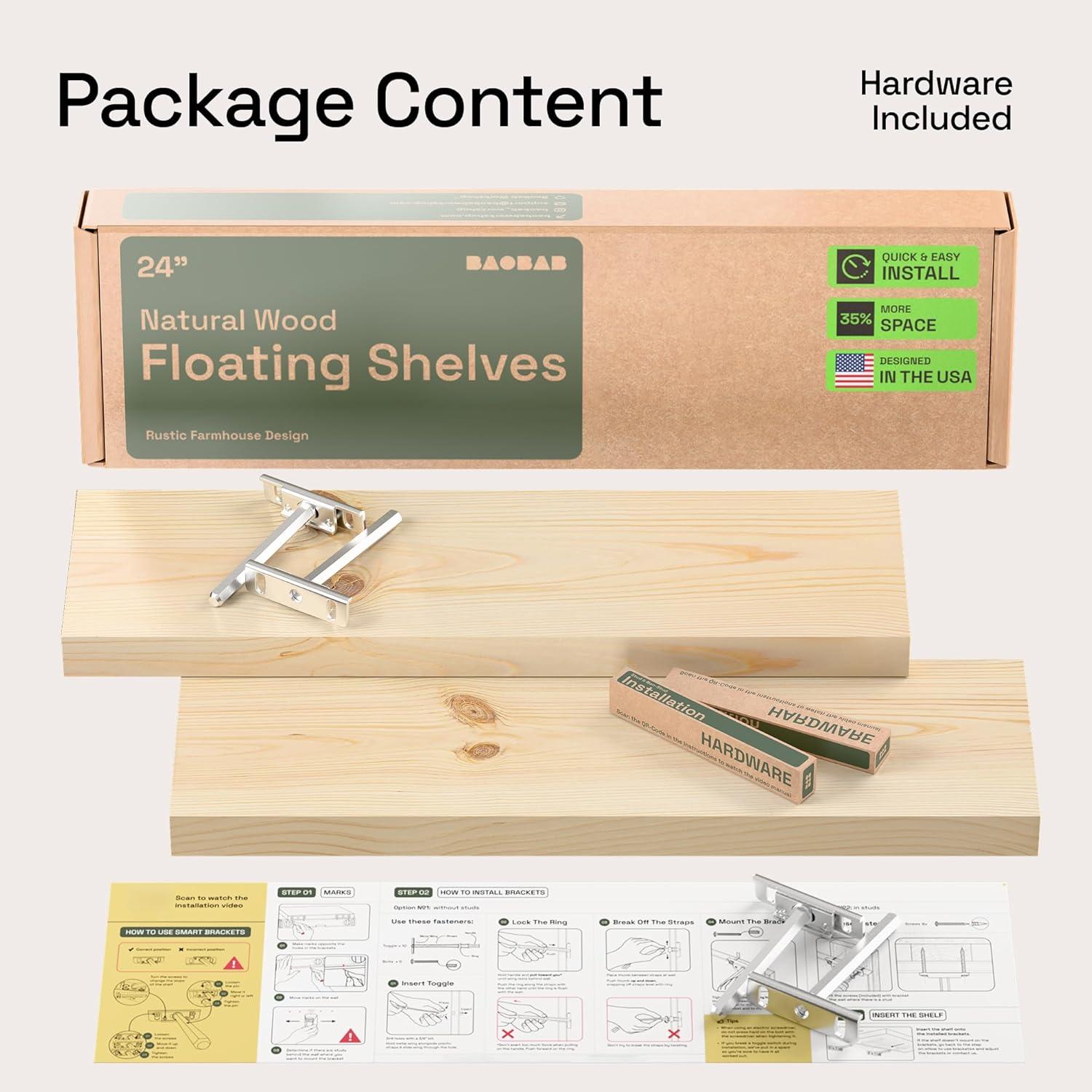 Baobab Workshop Solid Wood Floating Shelves, Wooden Shelves for Wall (Set of 2)