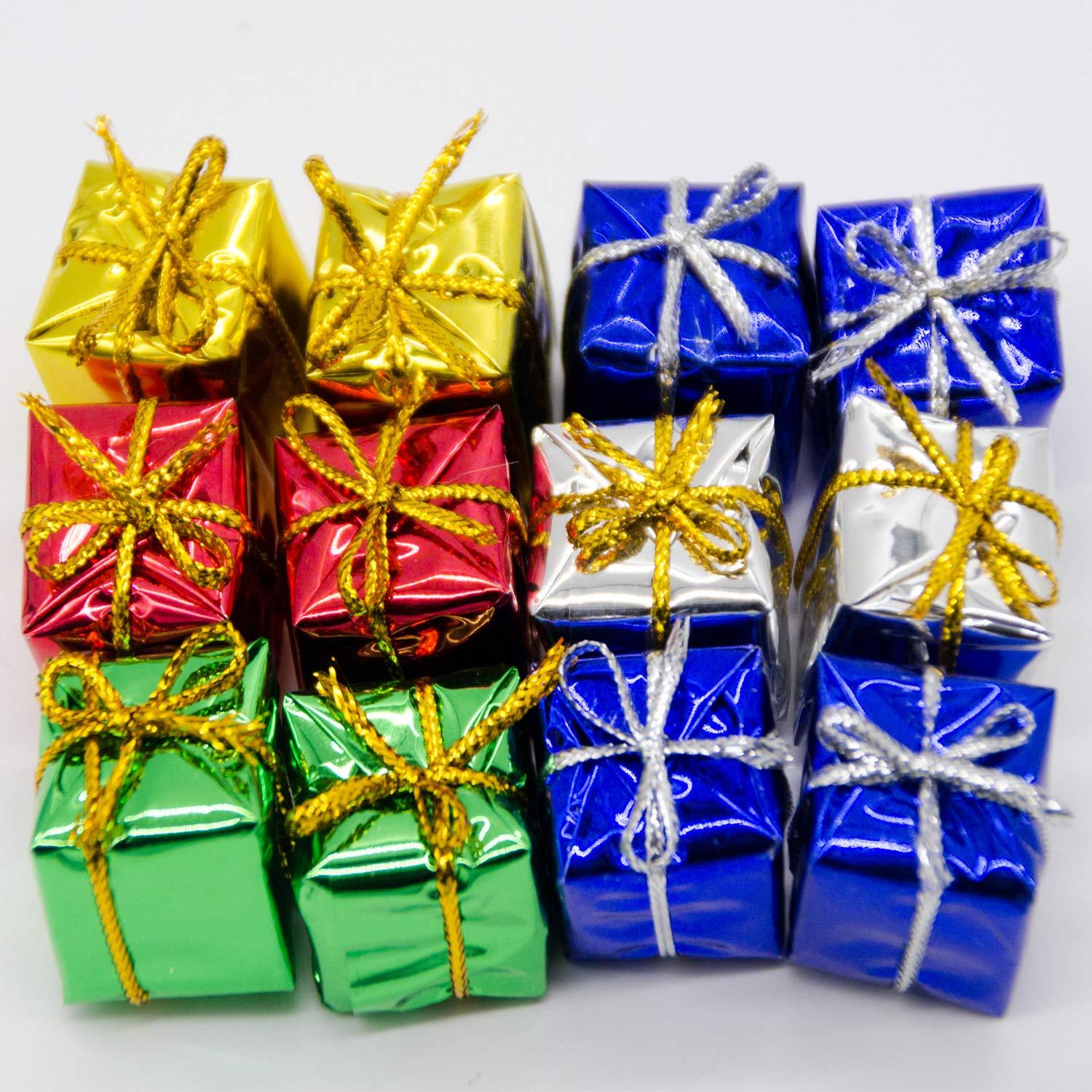 100 Pcs Christmas Shiny Mini Boxes Ornaments- Assorted Colors Metallic Foil Wrapped Ornaments Decoration Boxes for Christmas Tree Hanging Decorations