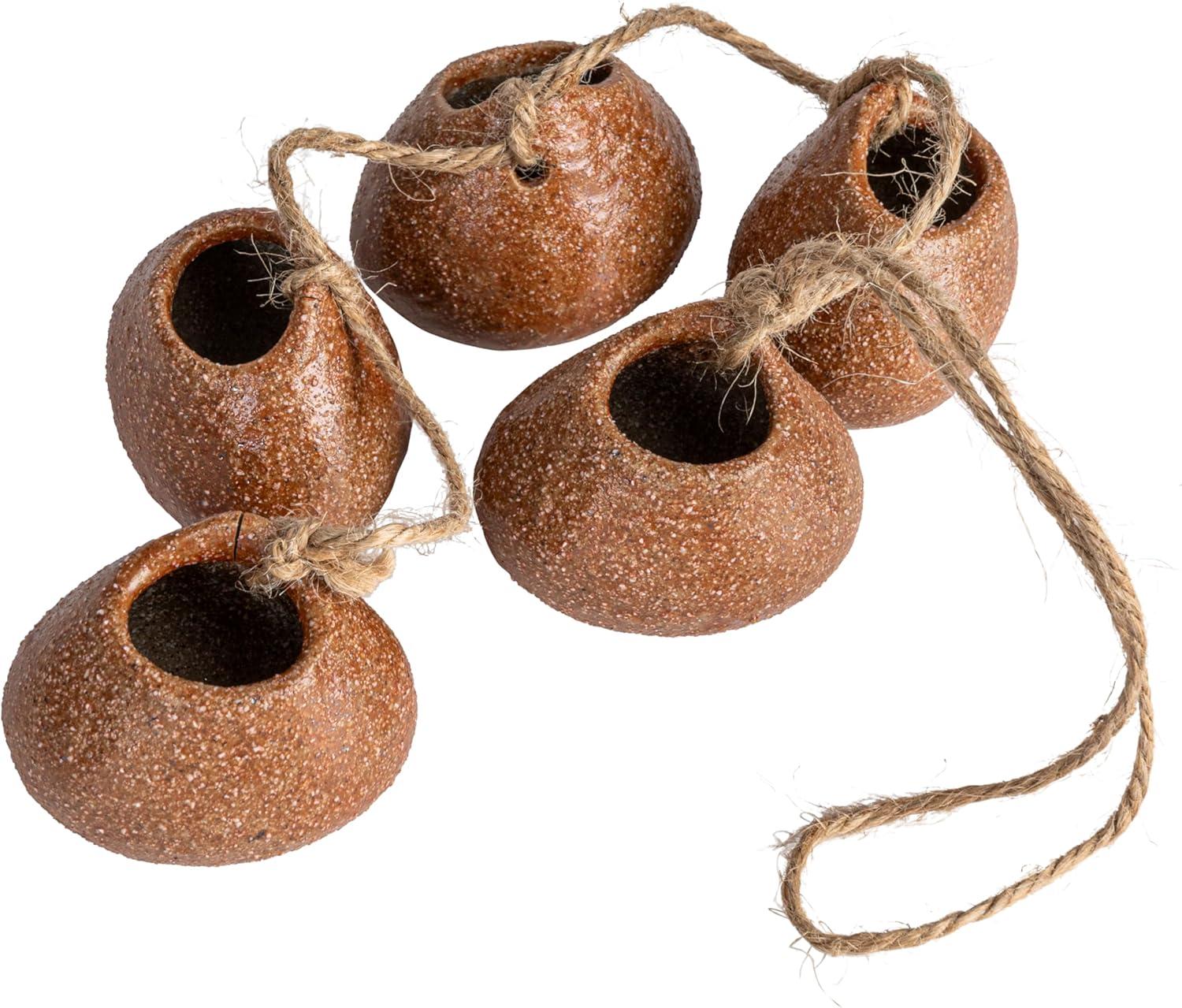 Brown Stoneware Hanging Vases with Jute Rope and Reactive Glaze