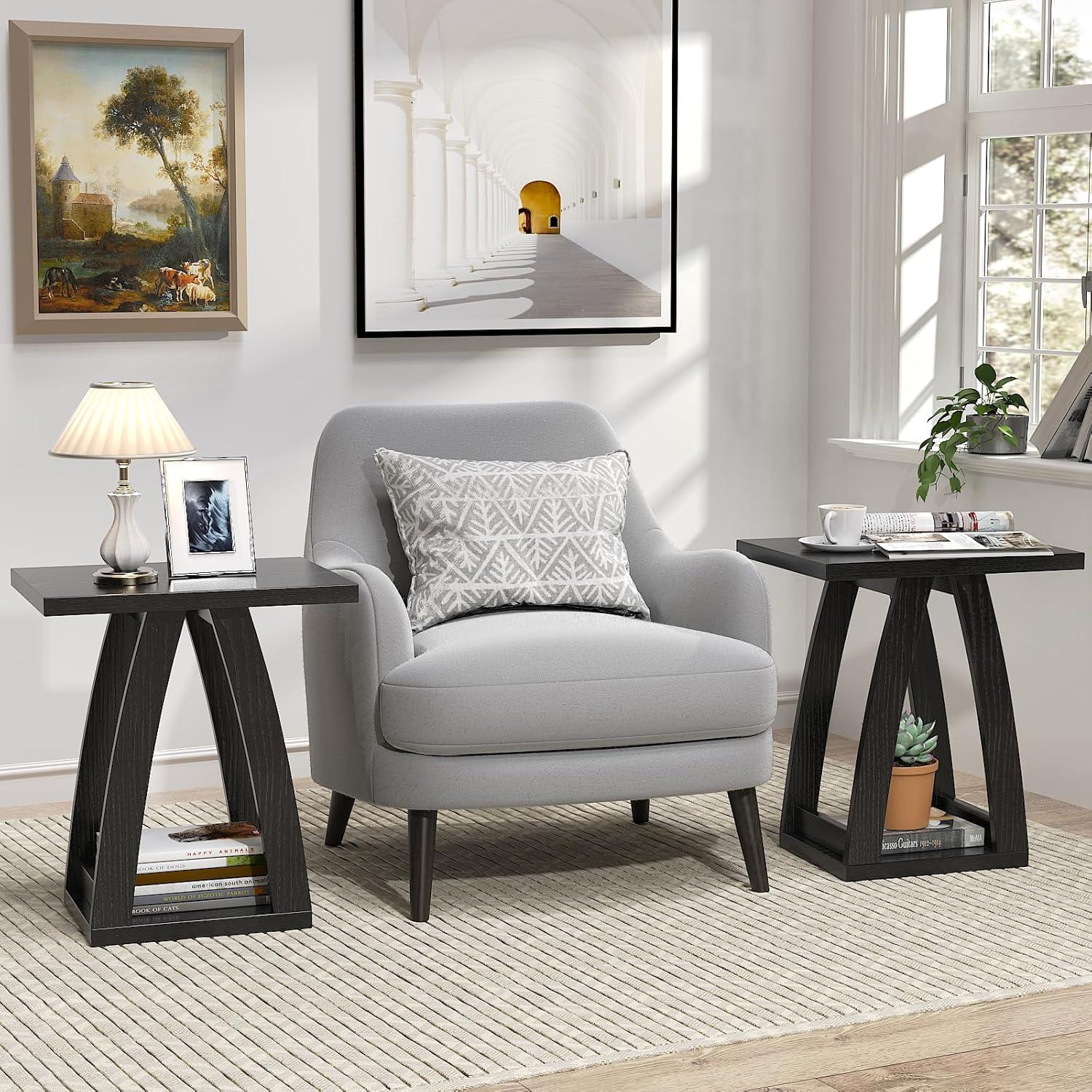 Black Engineered Wood Square End Table Set with Shelf