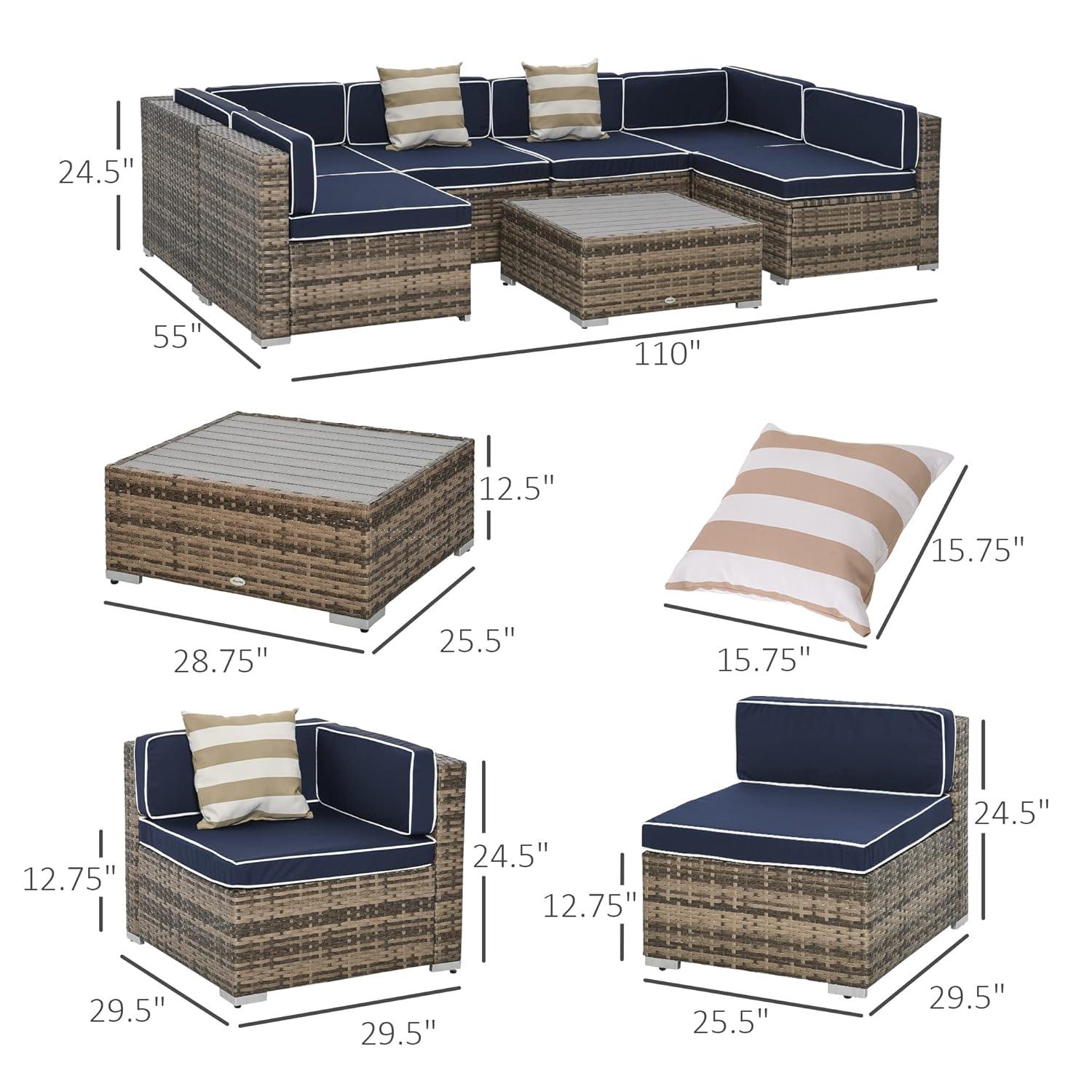 Outsunny 7-Piece Patio Furniture Set, Outdoor Wicker Conversation Set, All Weather PE Rattan Sectional Sofa w/ Faux Wood Table, Stripe Pillows, Beige