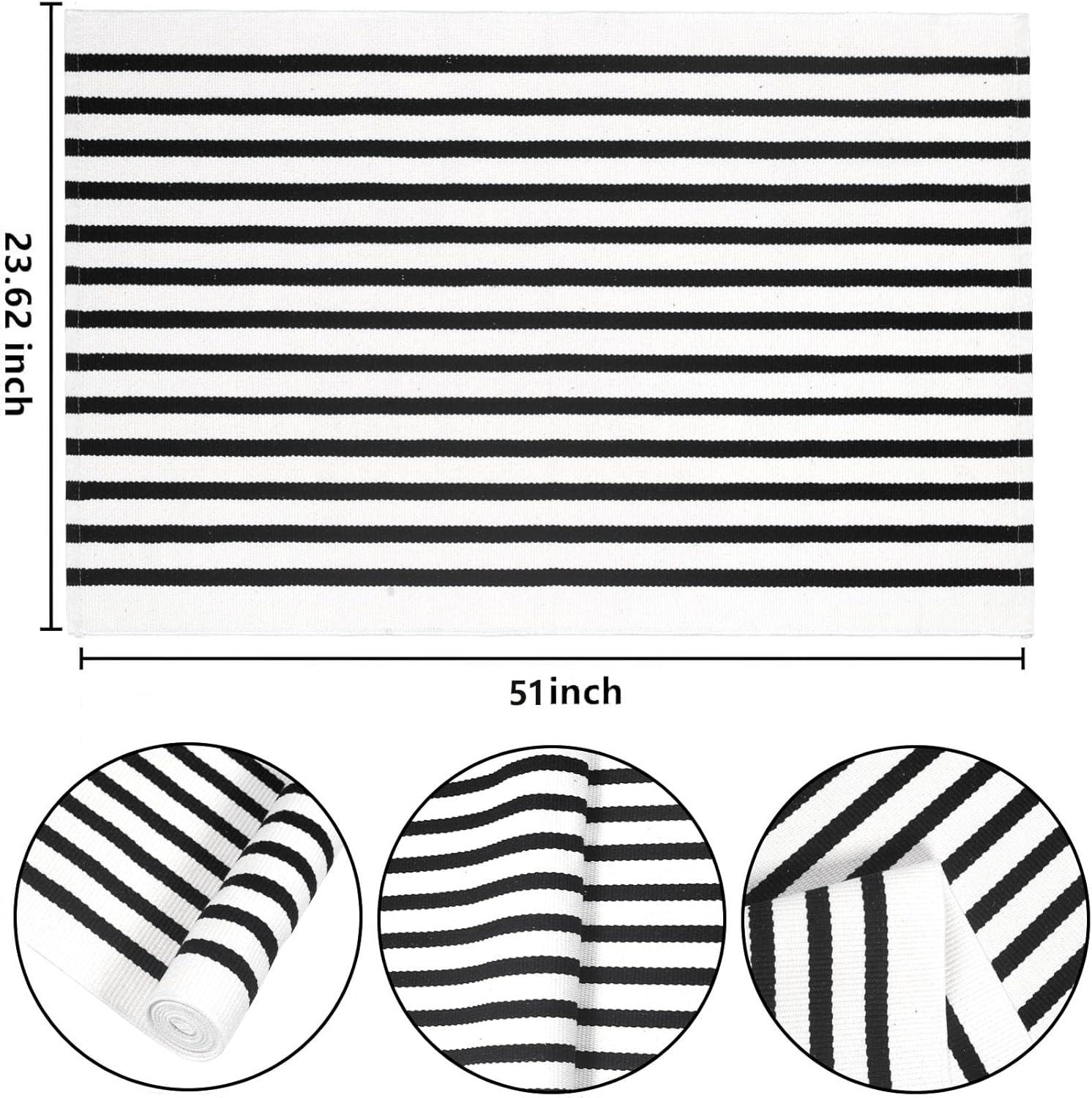 Black and White Striped Hand-Woven Outdoor Rug 24'' x 51''