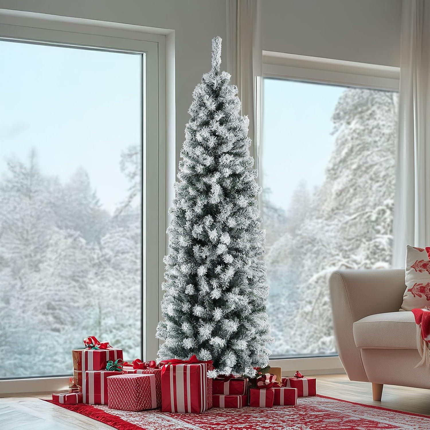 OasisCraft Un-lit 6.5Ft Snow Flocked Artificial Pencil Christmas Tree, Hinged Snowy Slim Xmas Tree Outdoor for Festive Holiday Decoration Metal Stand