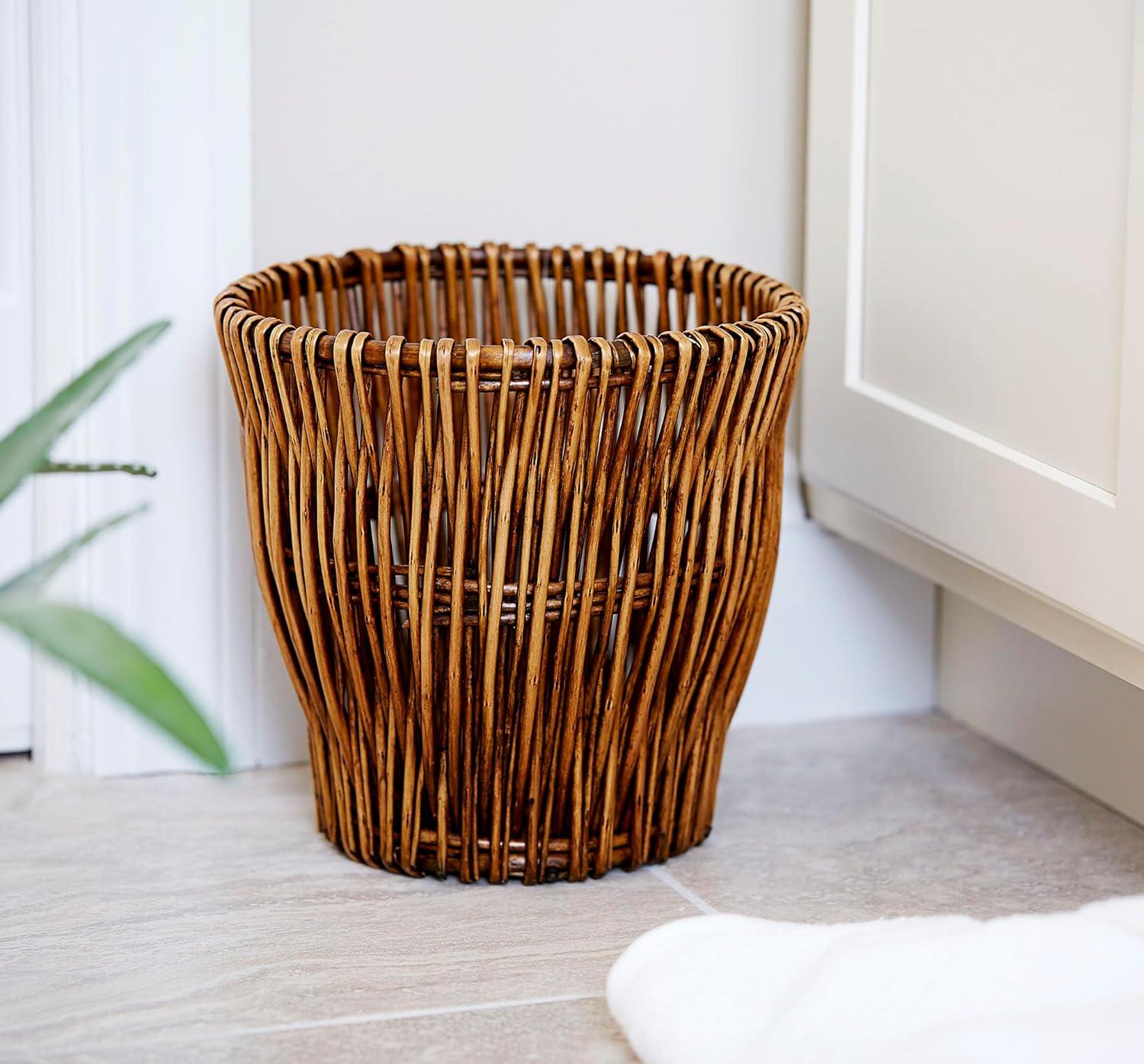 Small Brown Handwoven Willow Waste Basket with Removable Liner