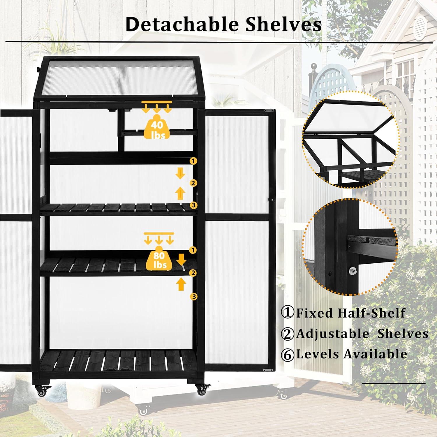 Polibi Wooden Greenhouse, Cold Frame Portable Greenhouse with Wheels and Adjustable Shelves for Indoor Outdoor Patio Balcony Garden, 31.5" Lx22.4 Wx62 H, Black