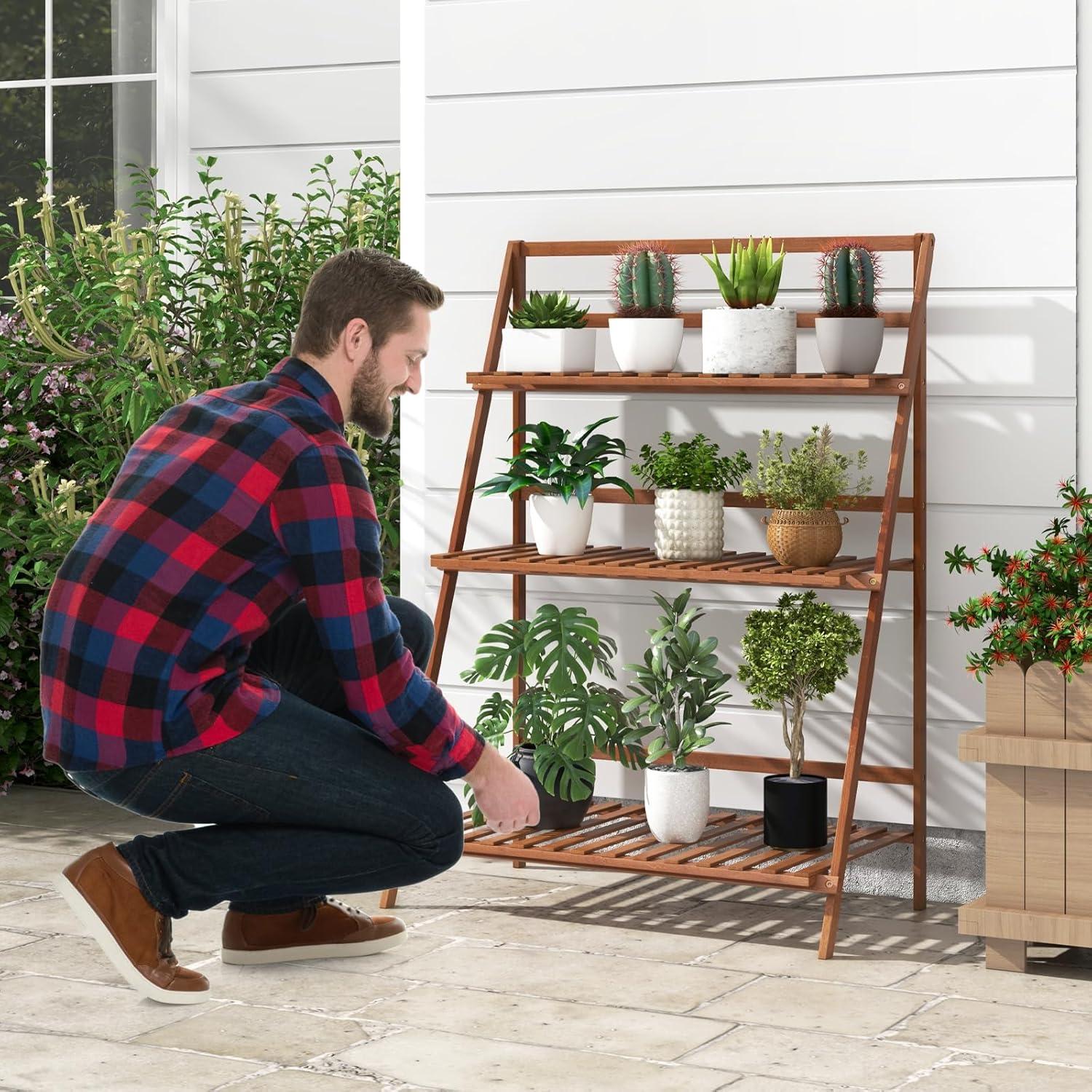 Costway Bamboo Ladder Plant Stand 3-Tier Foldable Flower Pot Display Shelf Rack Natural