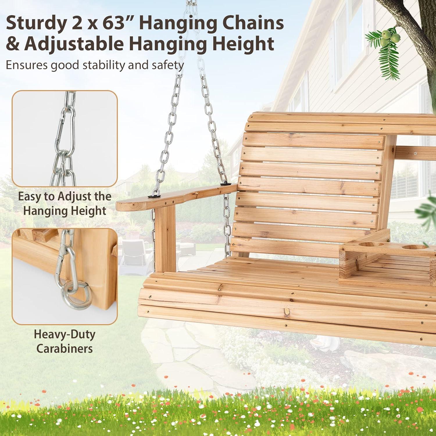 Natural Fir Wood 2-Person Porch Swing with Cup Holders