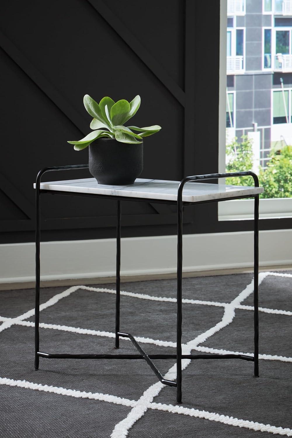 White Marble Top Black Metal Rectangular Accent Table