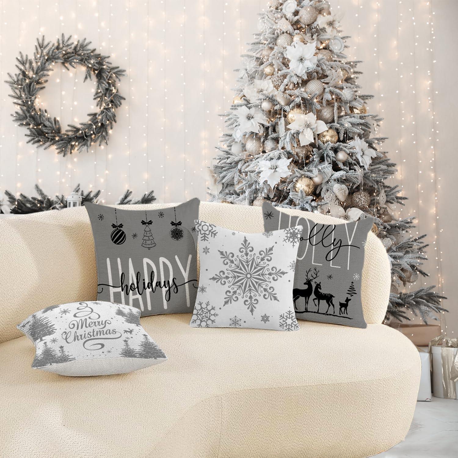 Gray and White Polyester Euro Christmas Pillow Covers Set of 4