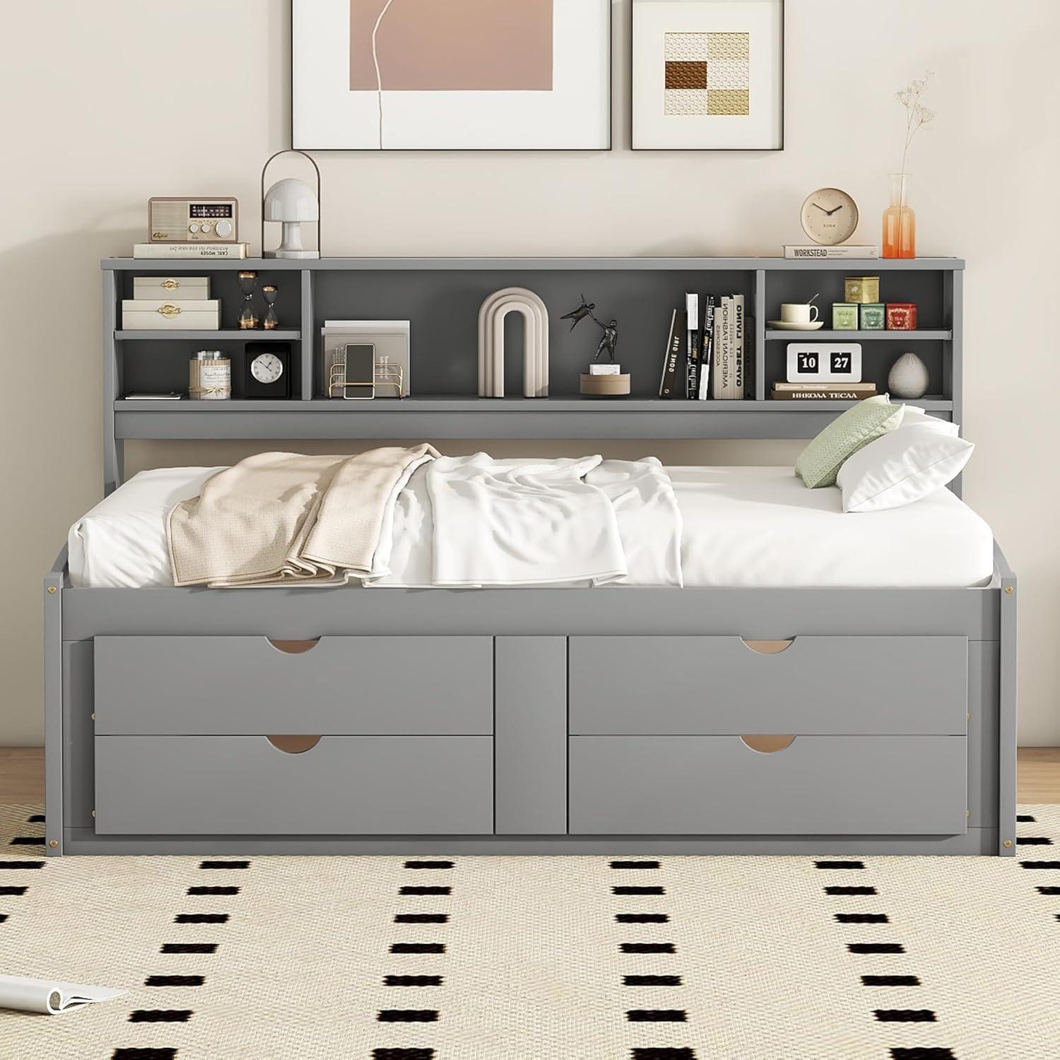 Gray Full Size Pine Wood Daybed with Storage Drawers and Shelves