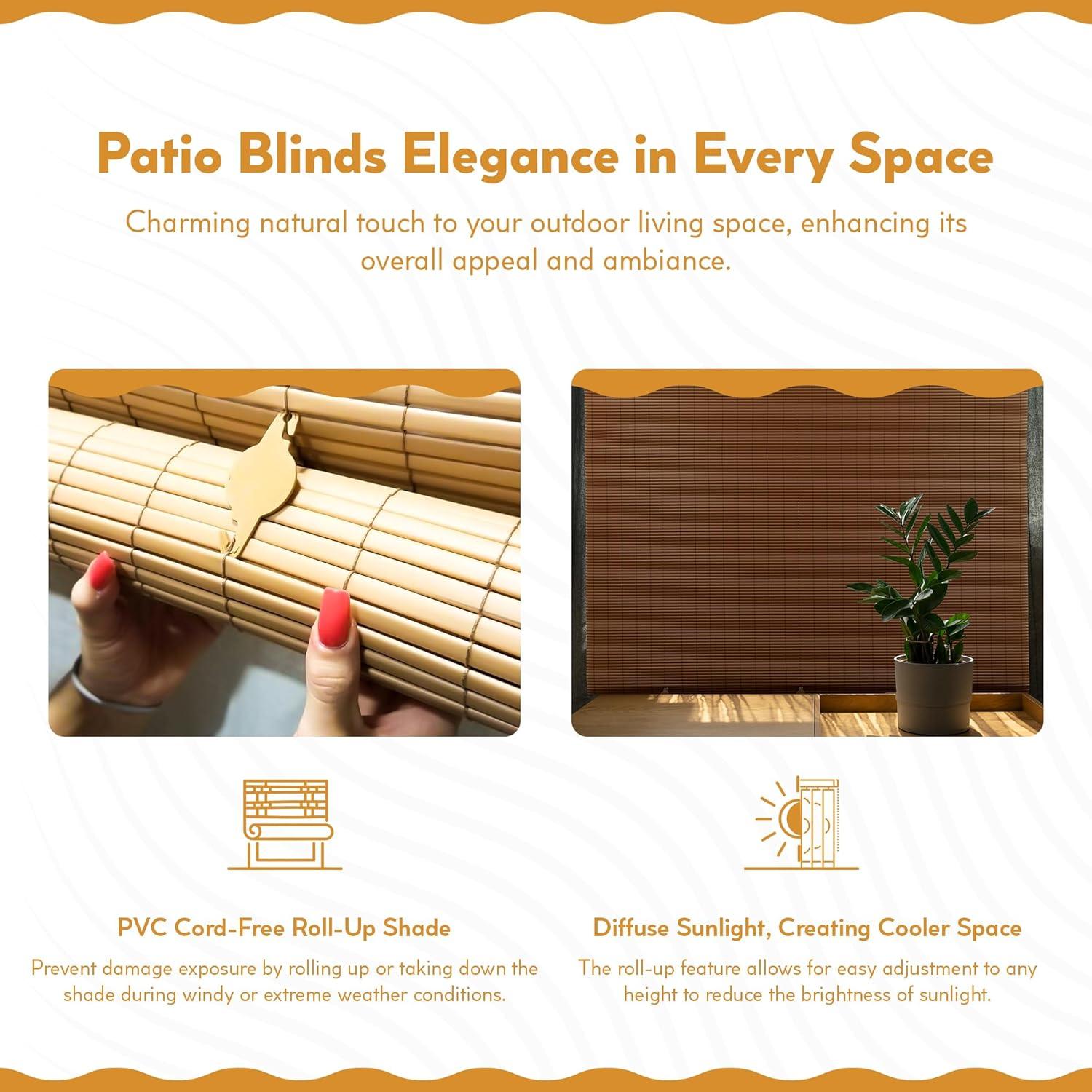 60" x 72" Outdoor Oval Vinyl Cord-Free PVC Rollup Blinds Woodgrain - Radiance: Light Filtering Shade for Patio