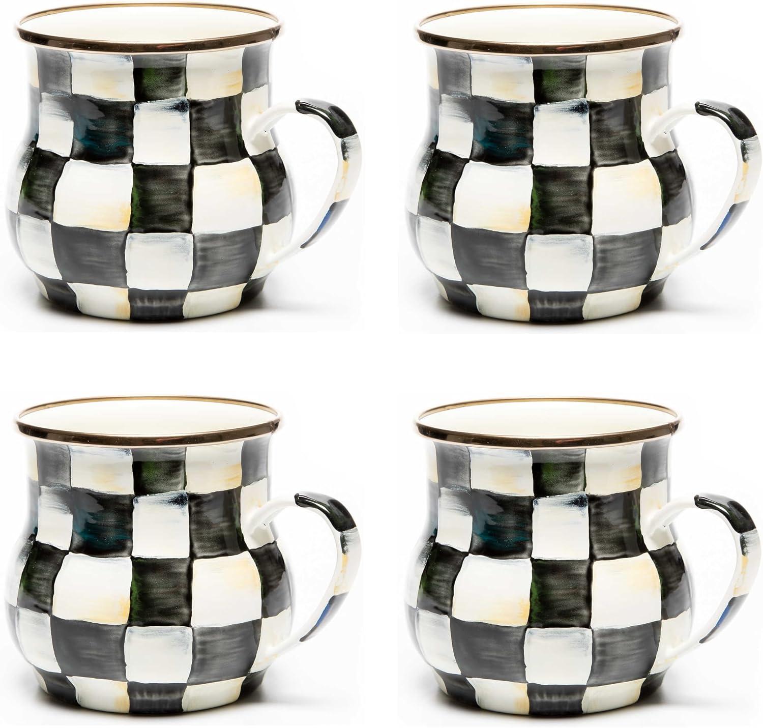 Handmade Black and White Checkered Enamel Mugs, Set of 4