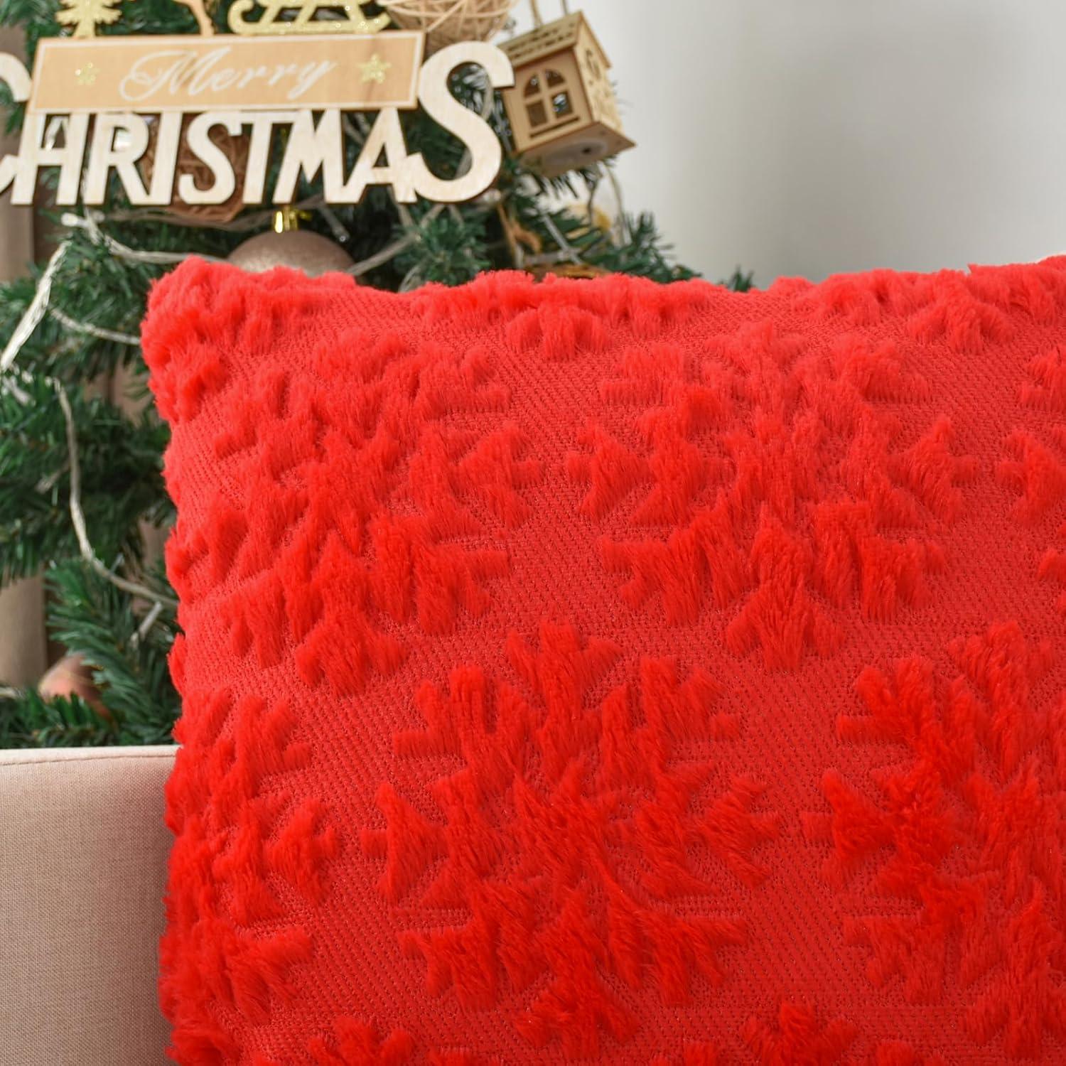 Red Faux Wool Snowflake Decorative Pillow Covers 12x20 Inch Set