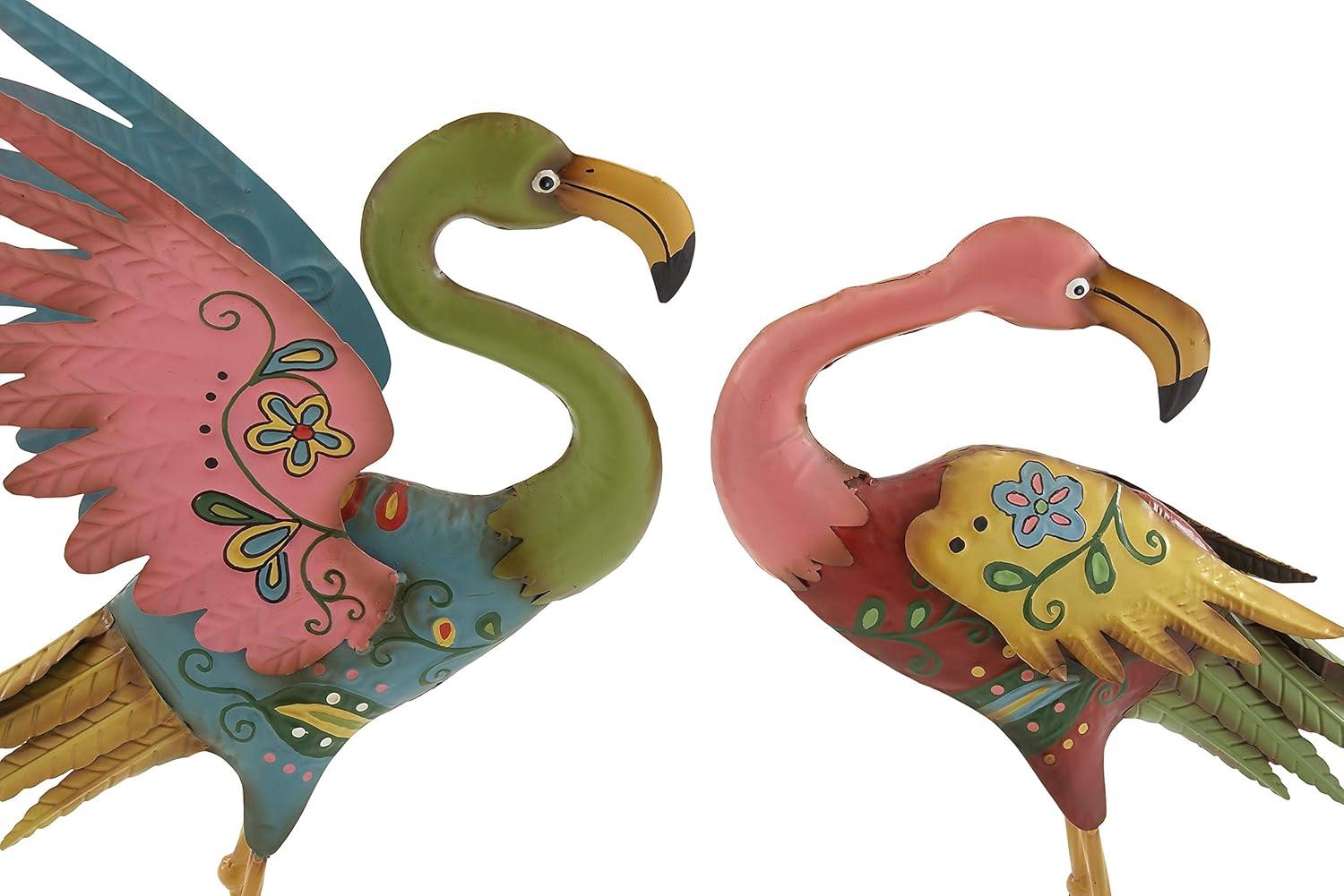 28" Multicolor Hand-Painted Metal Flamingo Garden Sculptures, Set of 2