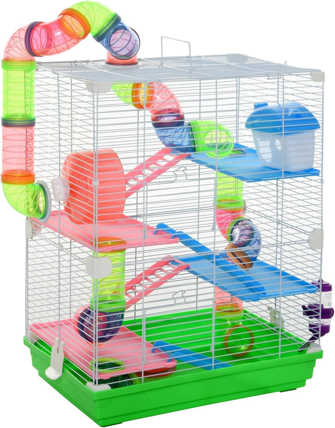 PawHut 5-Tier Hamster Cage Rodent Gerbil Habitat Habitat Metal Wire with Water Bottle, Food Dishes, Interior Ladder, Tube