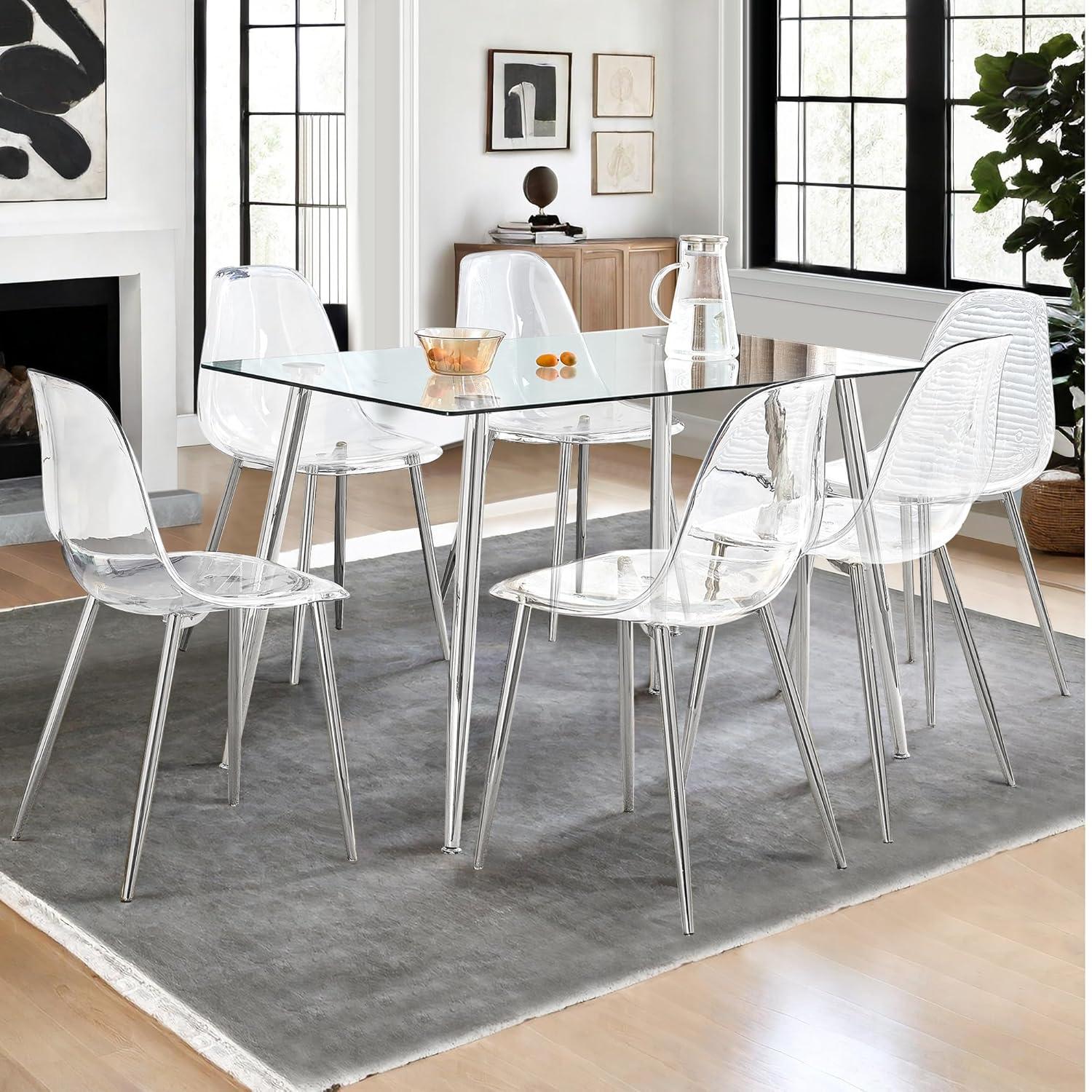 Dining Room Seating Modern minimalist transparent dining chair, plastic chair, armless crystal chair, Nordic creative makeup stool, negotiation chair, silver plated metal leg 6-piece set, TW-1200,Kit
