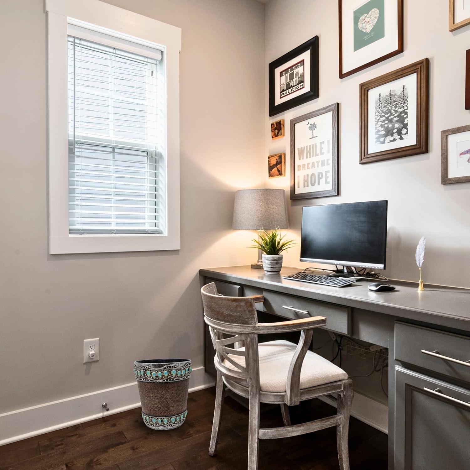 Decor Idea Decorative Resin Faux Leather Small Wastebasket with Turquoise Gem - Southwestern Rustic Trash Bin
