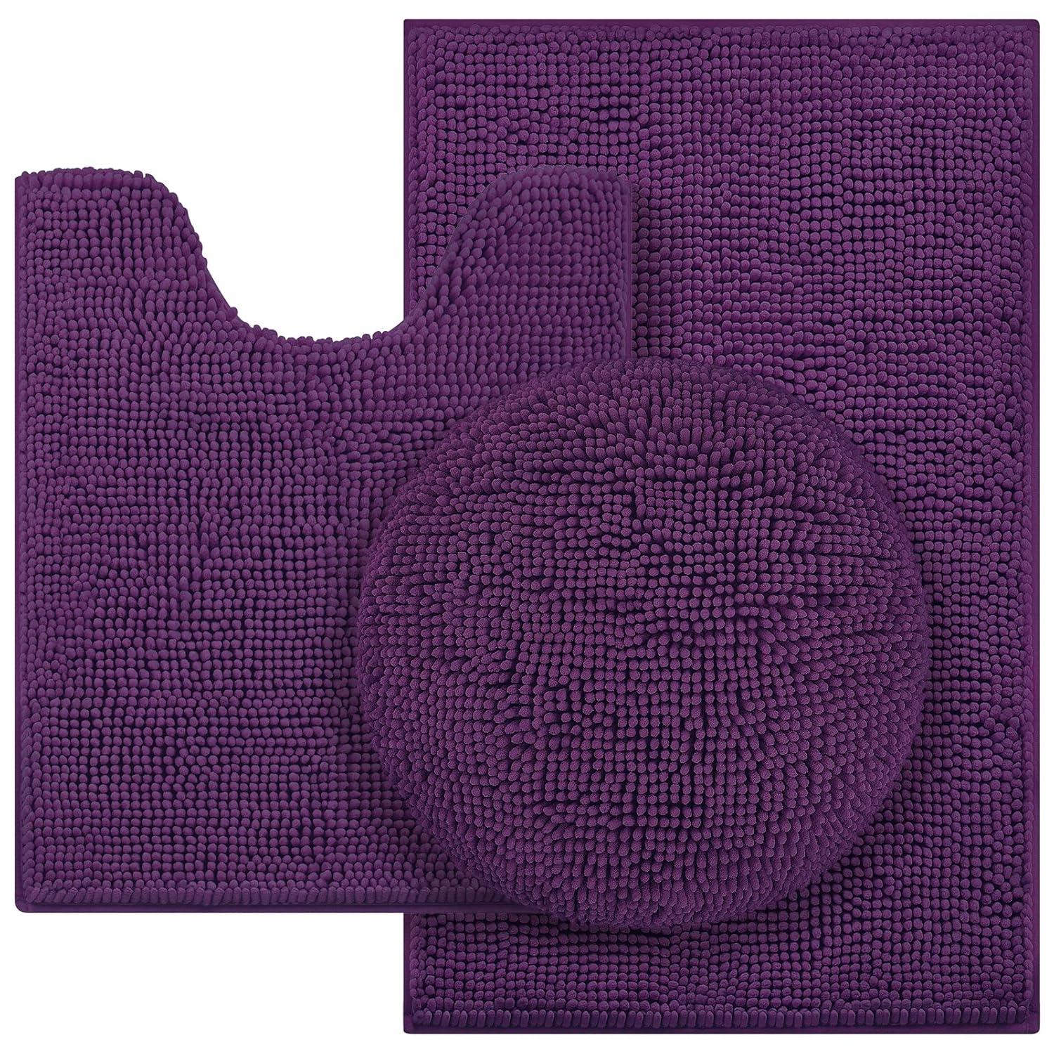 HOMEIDEAS 3 Pieces Dark Purple Bathroom Rugs Set, Ultra Soft Non Slip Bath Rug and Absorbent Chenille Bath Mat, Includes U-Shaped Contour Rug, Bath Mat and Toilet Lid Cover, Perfect for Bathroom Floor