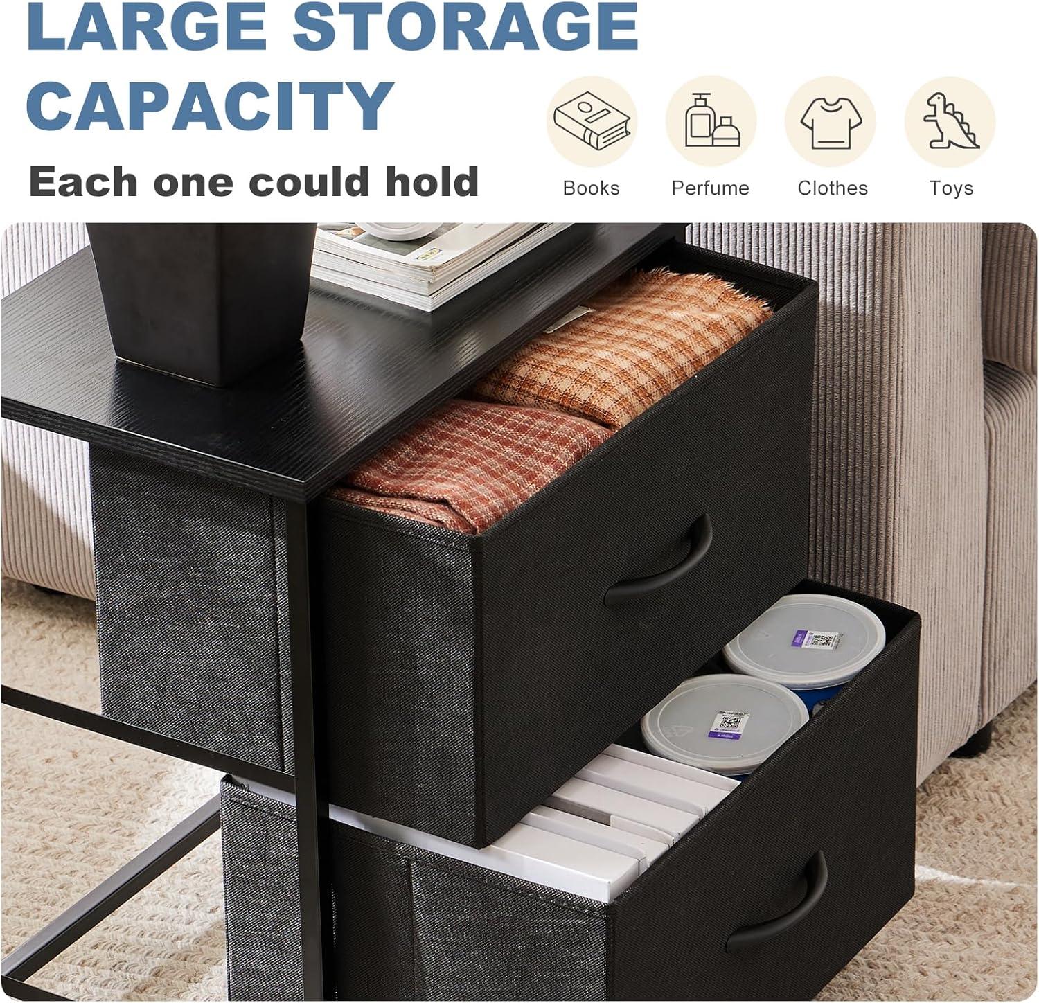 DUMOS Nightstand Set of 2, Small Dresser with 2 Fabric Drawers Side Bedroom End Table Kids Bedside Storage Furniture for 25 inch Tall Night Stand for Closet, Entryway, College Dorm, Classic Black