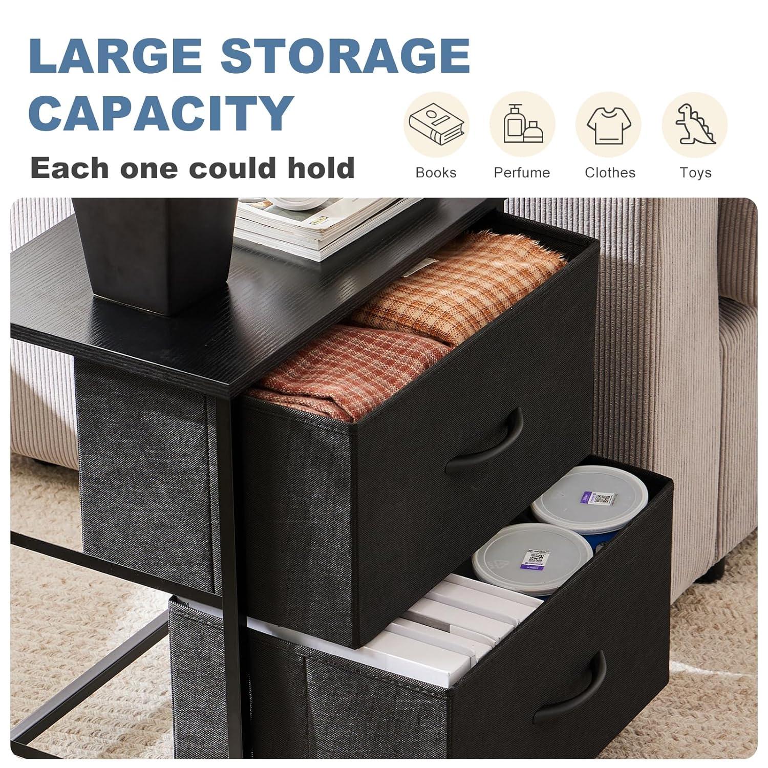 DUMOS Nightstand Set of 2, Small Dresser with 2 Fabric Drawers Side Bedroom End Table Kids Bedside Storage Furniture for 25 inch Tall Night Stand for Closet, Entryway, College Dorm, Classic Black