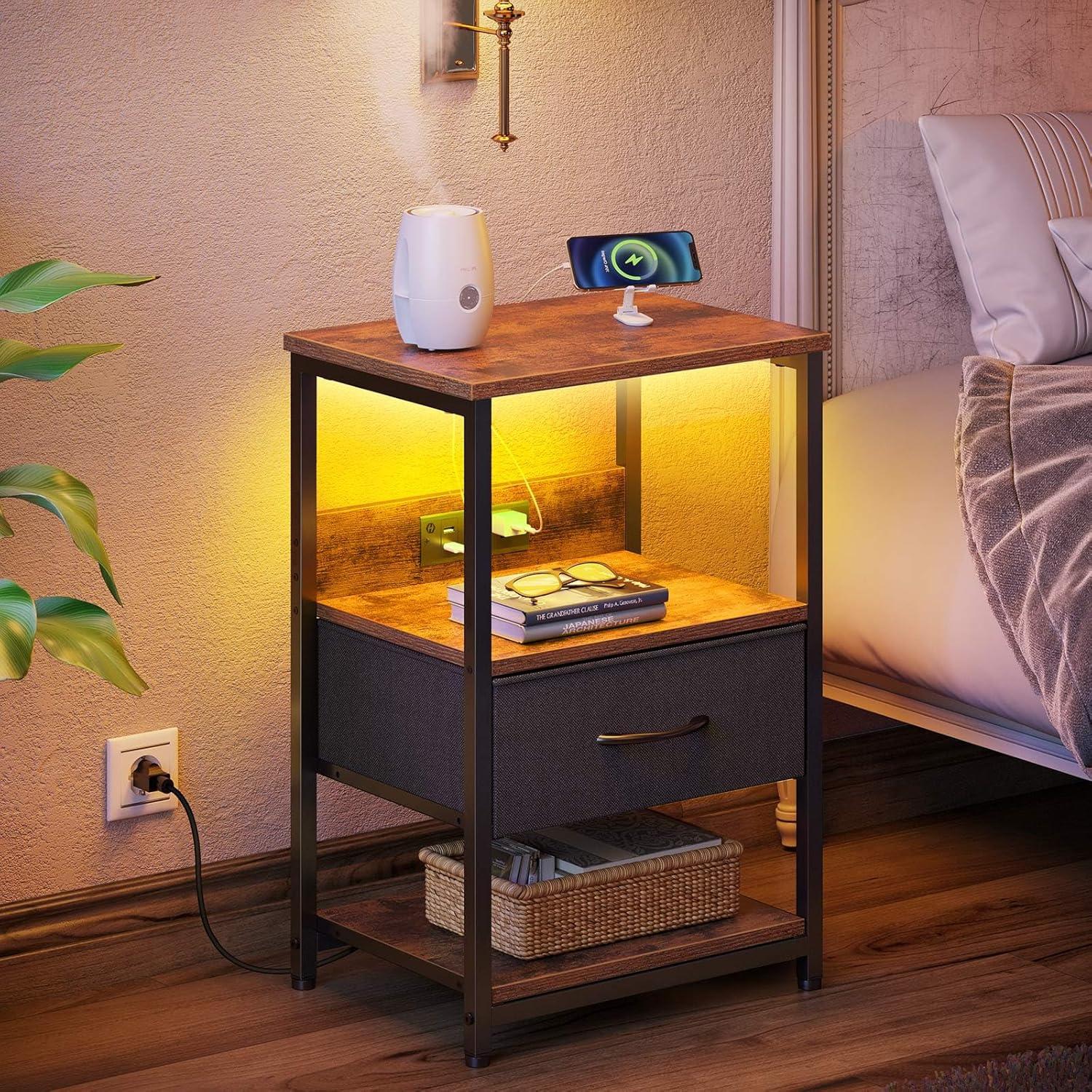 Rustic Brown 3-Tier Nightstand with LED and Charging Station