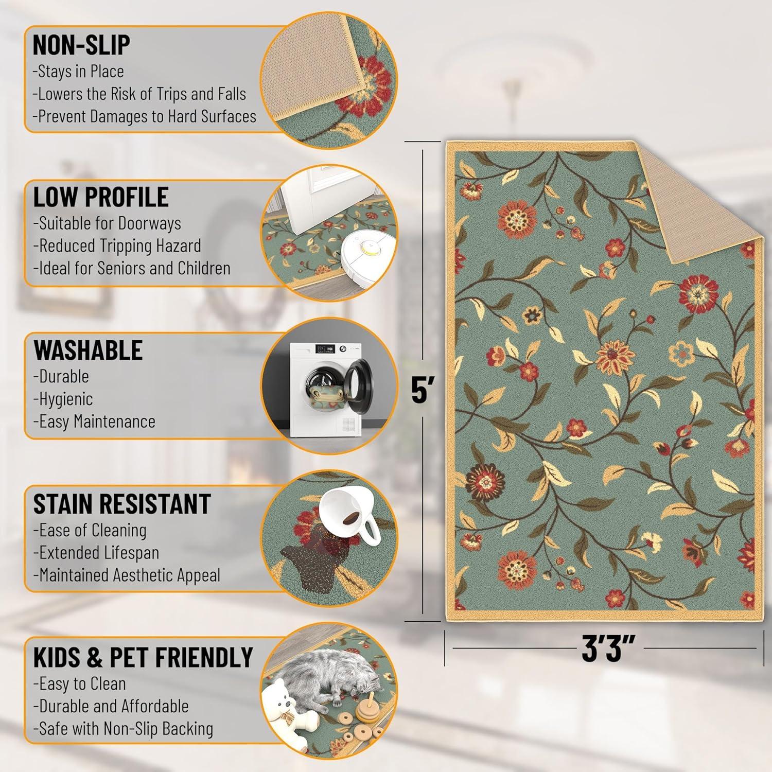 Machine Washable Non-Slip Floral Leaves Area Rug For Living Room, Hallway Runner, Entryway Rug