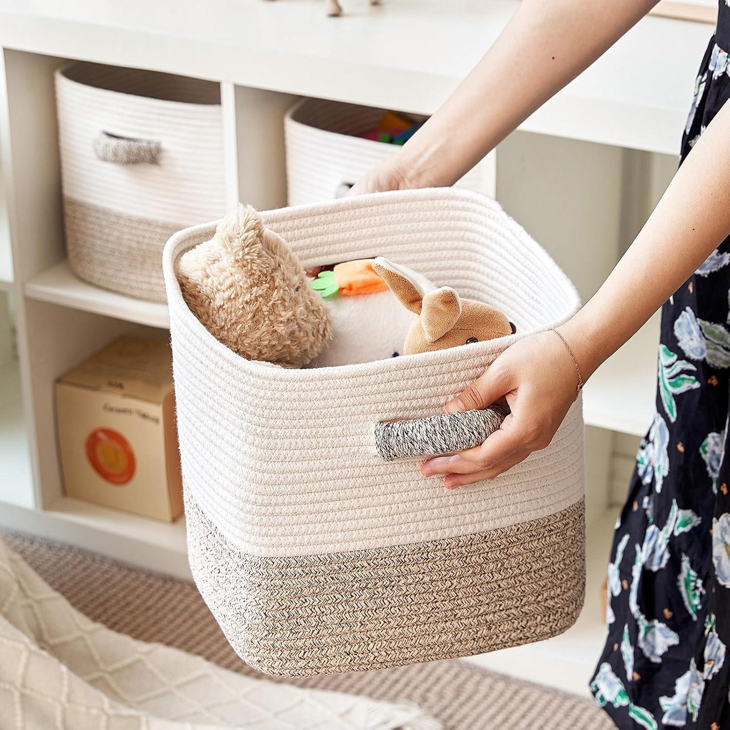 11x11x11 Woven Baskets for Storage - 3 Pack, Cotton Rope Baskets with Leather Handles, White & Light Brown - Cube Storage Organizer for Bedroom, Nursery Room, Living Room