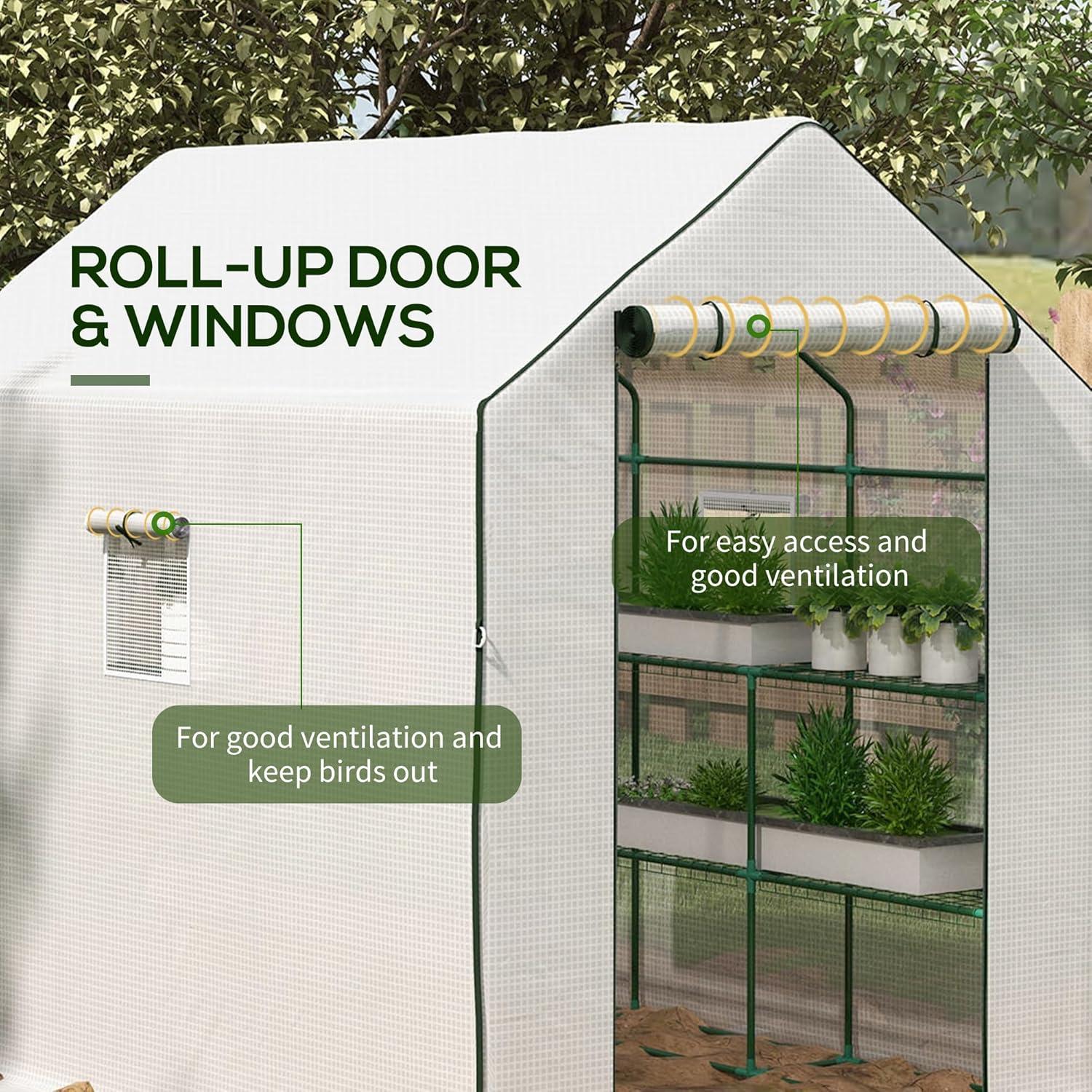 Outsunny 4.6' x 4.7' Portable Greenhouse, Water/UV Resistant Walk-In Small Outdoor Greenhouse with 2 Tier U-Shaped Flower Rack Shelves, Roll Up Door & Windows, White