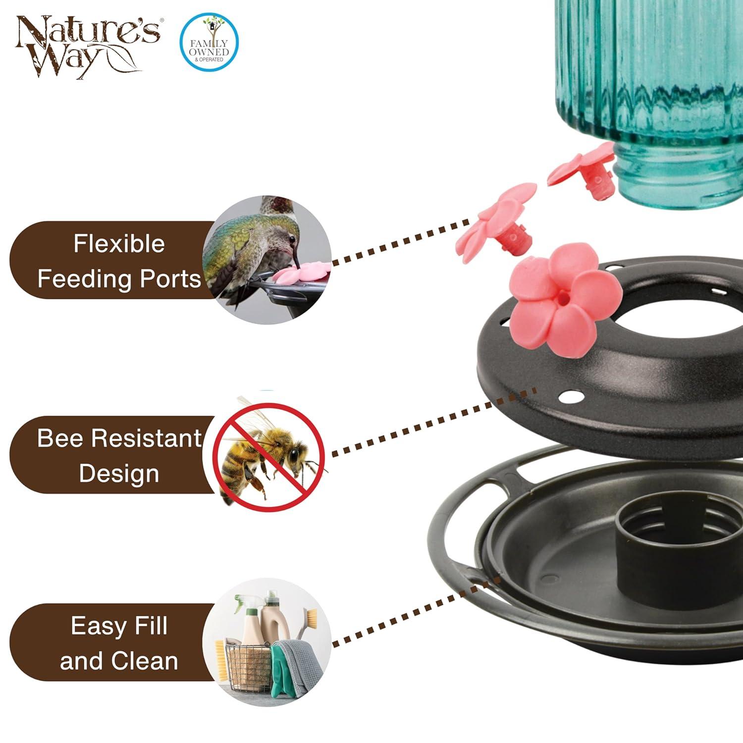 Nature's Way Antique Glass Gravity Hummingbird Feeder 28 oz, Antique Teal