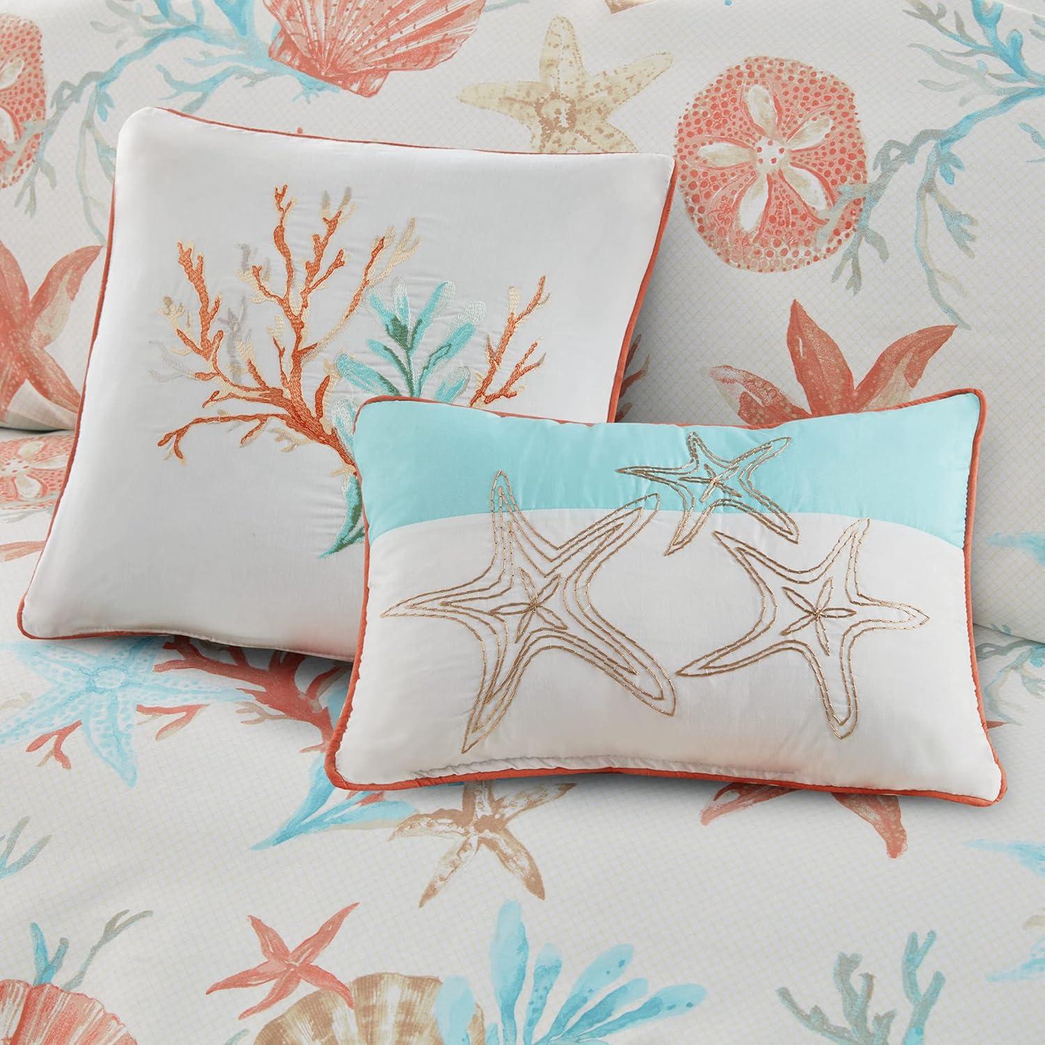 Coral and Teal Coastal Cotton Duvet Cover Set, Full/Queen, 6 Pieces