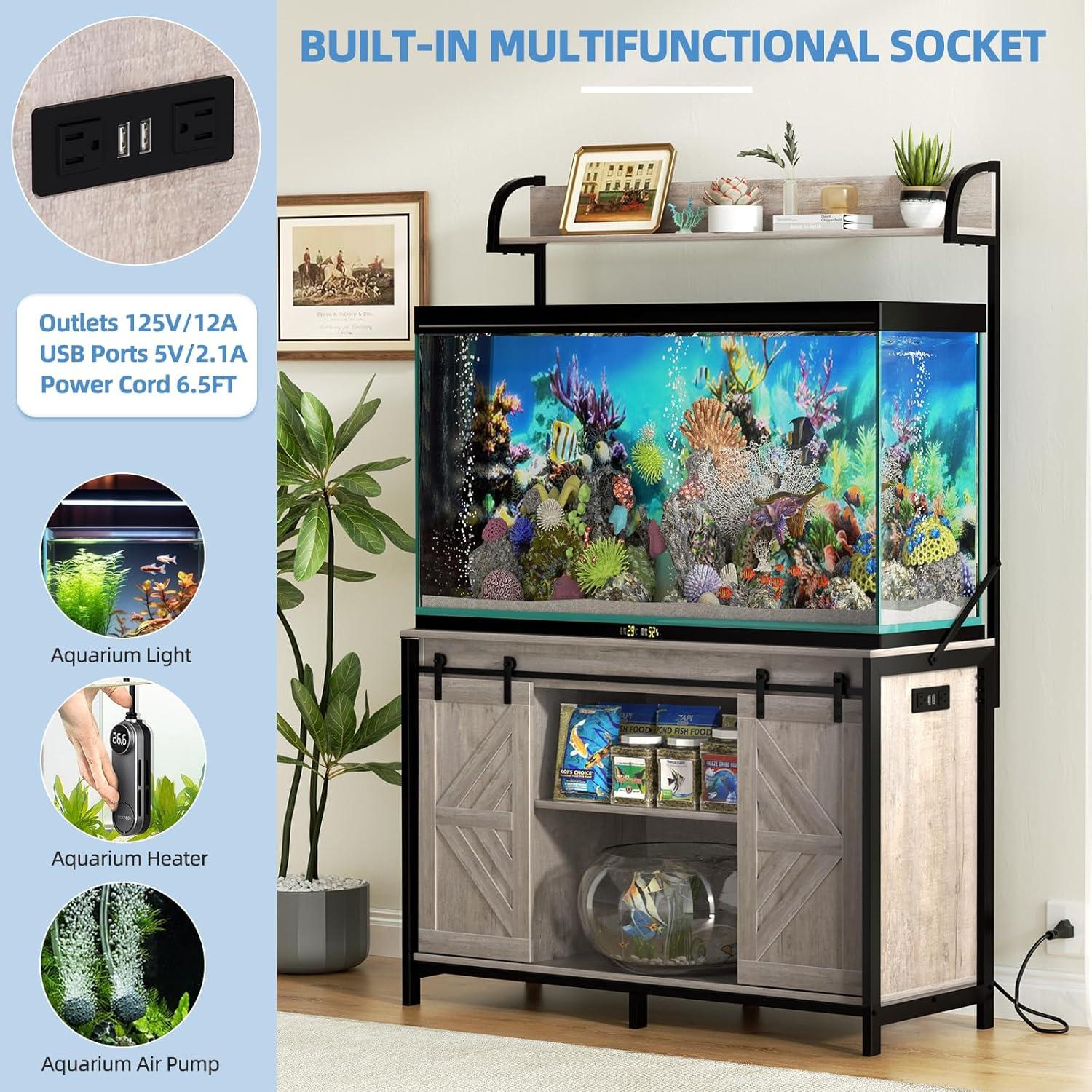 iSunirm 55-75 Gallon Aquarium Stand with Shelf, Fish Tank Stand with Power Outlets and LED Lights, Heavy Duty Reversible Aquarium Stand with Cabinet, for Fishes and Reptiles, 49.2"L*18.9"W, Black Oak
