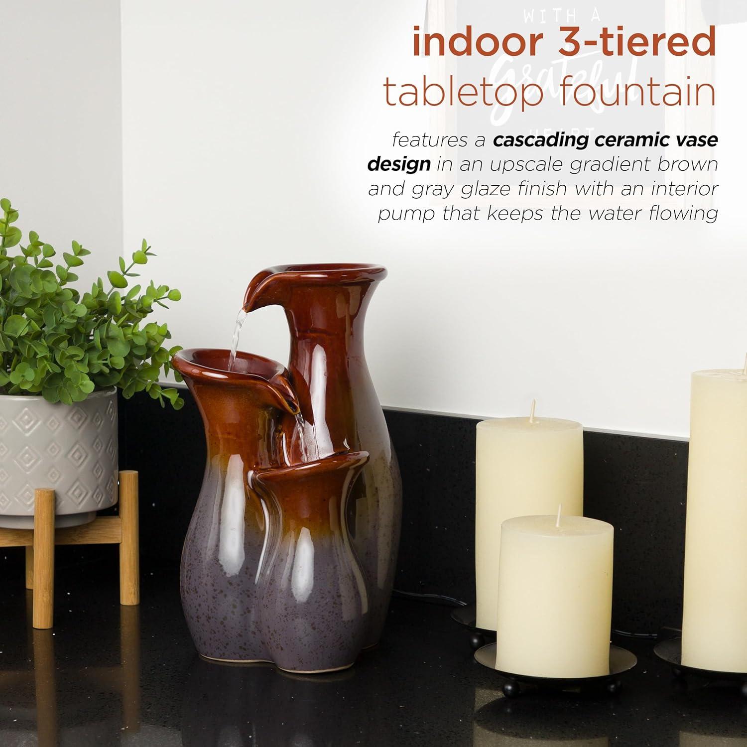 Alpine Corporation 11"H Indoor Tiered Glossy Ceramic Vase Tabletop Fountain, Brown/Gray