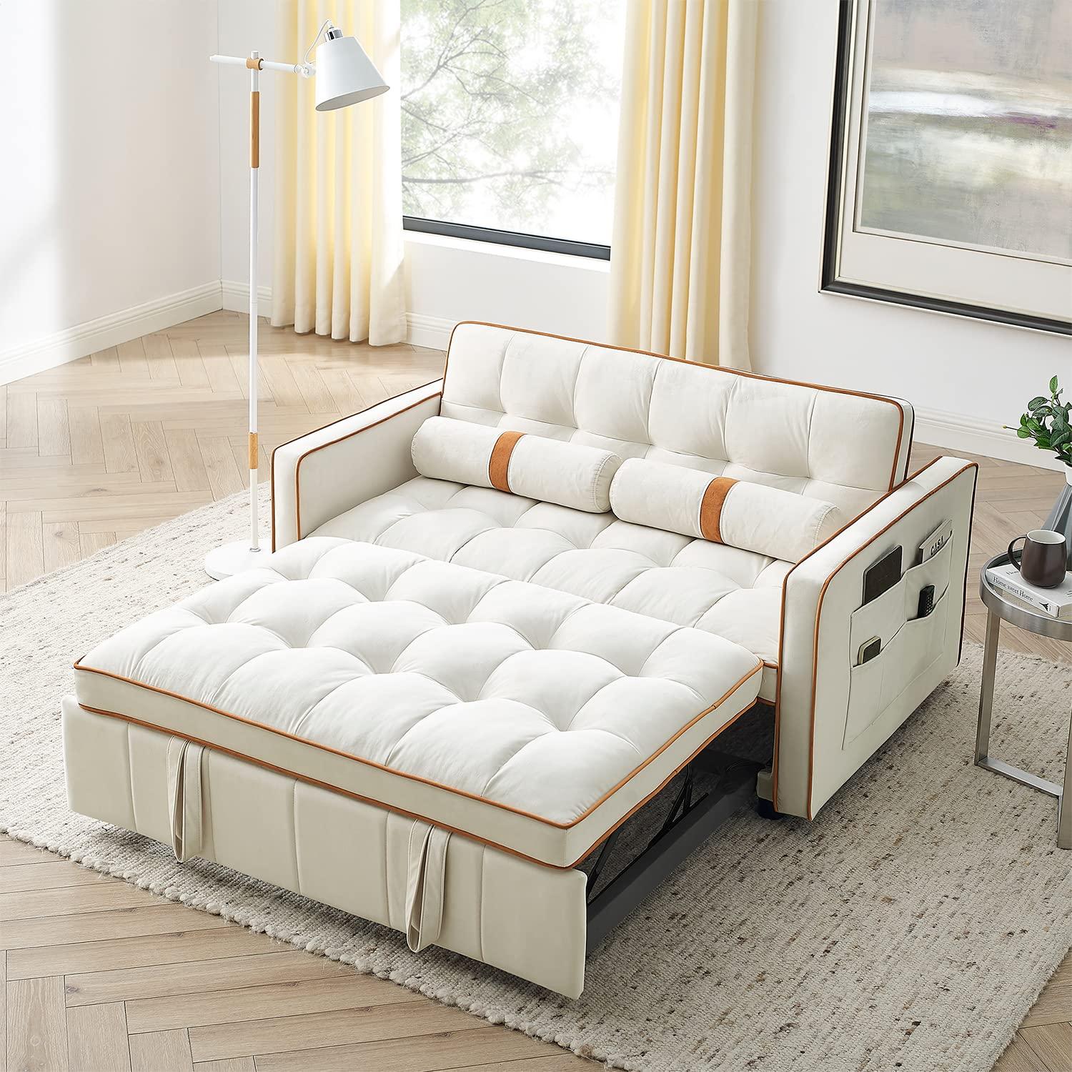Yeahumalia 3 in 1 Convertible Velvet Loveseat Sleeper Futon Sofa Bed, Pull Out Couch with Side Table for Living Room, Bedroom, Grey