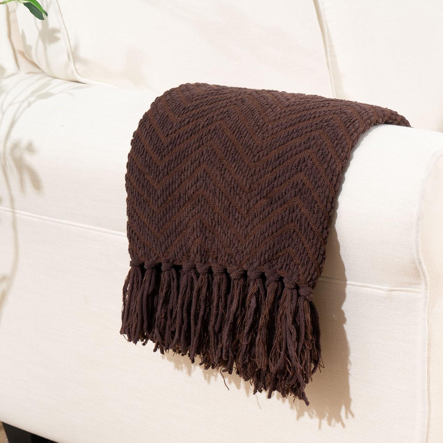 Battilo Dark Brown Throw Blanket for Couch, Knitted Brown Herringbone Throw,Housewarming Gifts,50'' x 60''