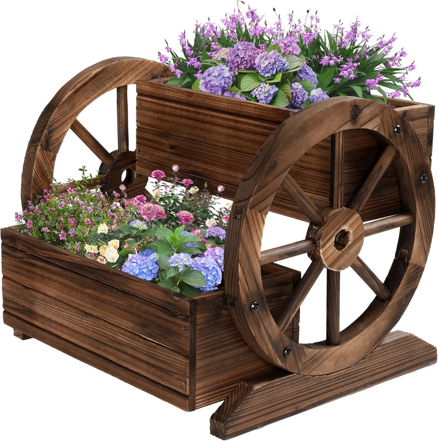 Farmhouse Décor Wooden Wagon Planter Box Outdoor 2-Tier Planter Courtyards Balconies Patios Weather-Resistant Easy Assembly & Garden Décor