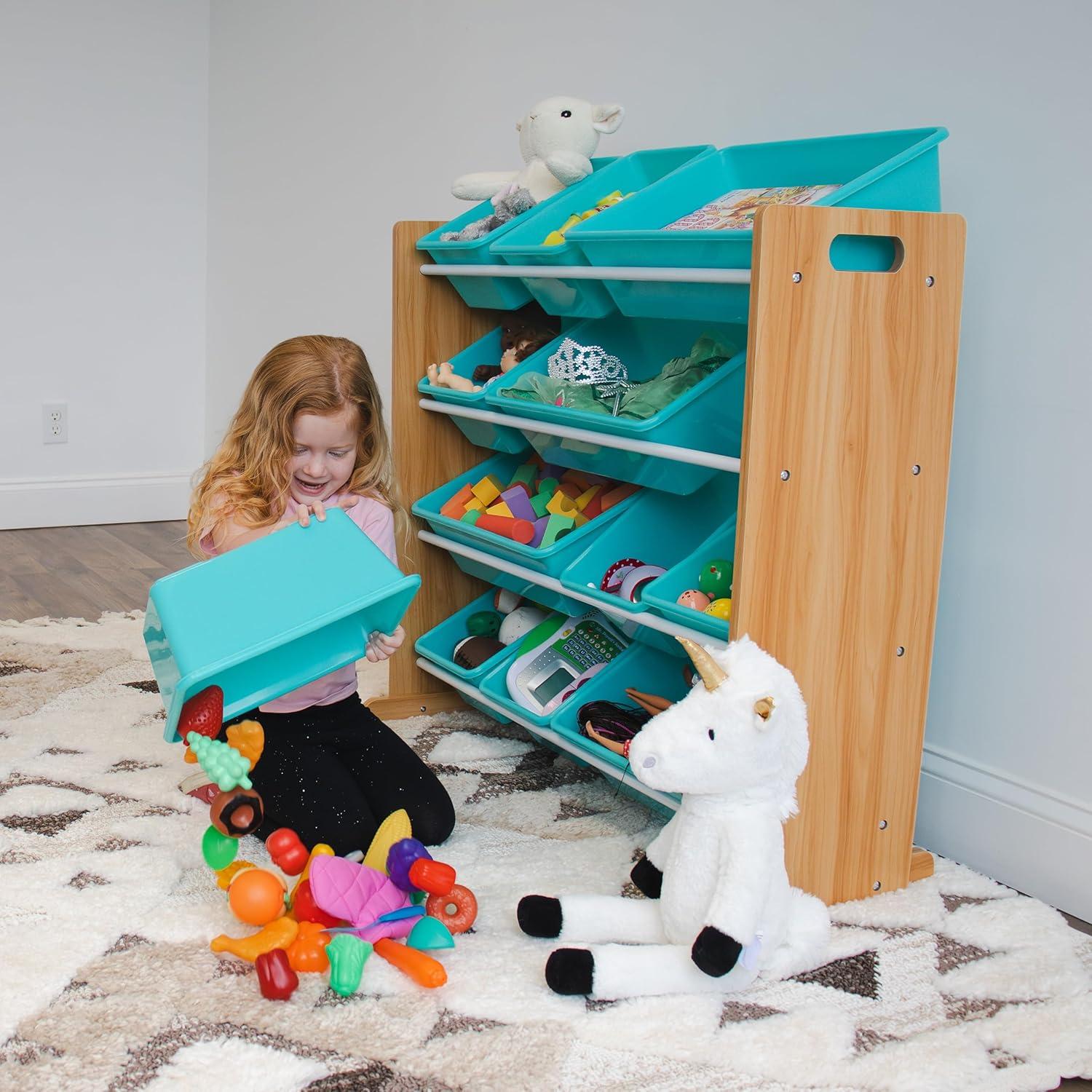 Natural Wood and Aqua 12-Bin Kids Toy Storage Organizer