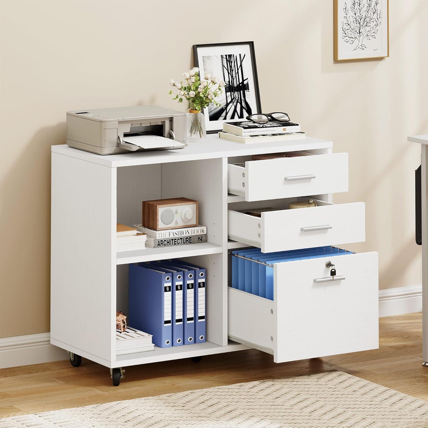 DWVO 3 Drawer Wood Lateral Filing Cabinet with Locks, Printer Stand Storage File Cabinet with Shelves for Home Office, White