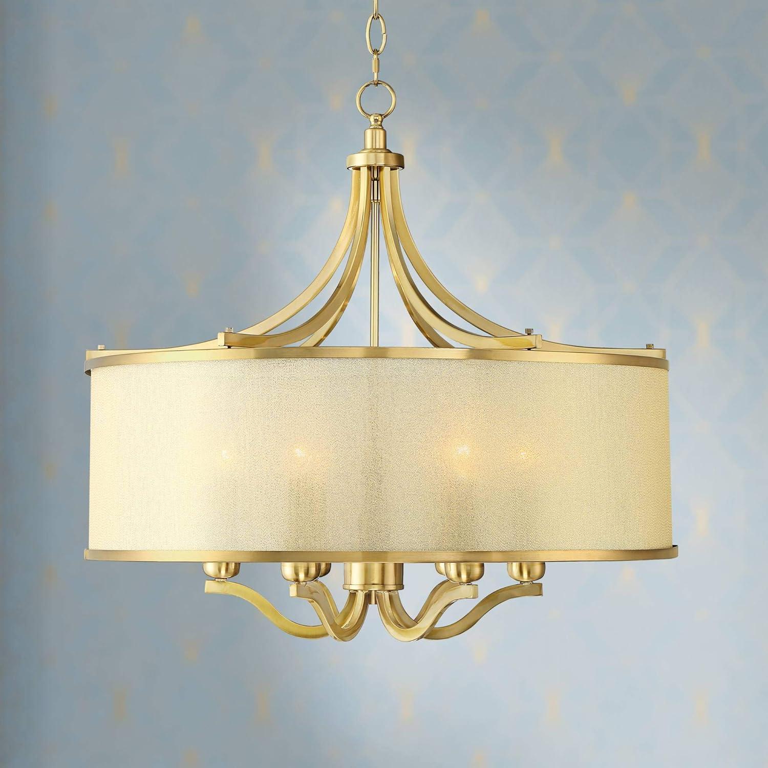 Possini Euro Design Sydney Warm Brass Drum Chandelier 25" Wide Modern Clear Gold Organza Shade 6-Light Fixture for Dining Room House Kitchen Island