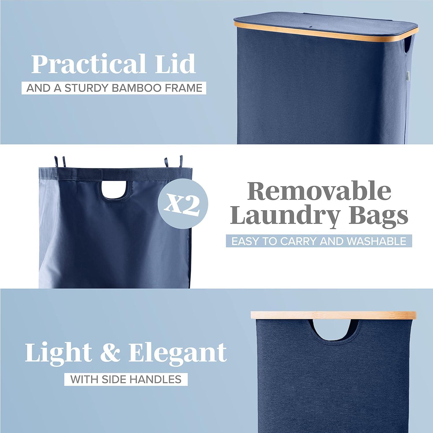Lonbet - Double Laundry Hamper with Lid Cover - Bamboo Dual Section Laundry Basket - Collapsible Clothes Fabric Bin - Easy and Efficient Sorting - Removable Bags - 39.6 Gallons (3-5 Loads) - Blue