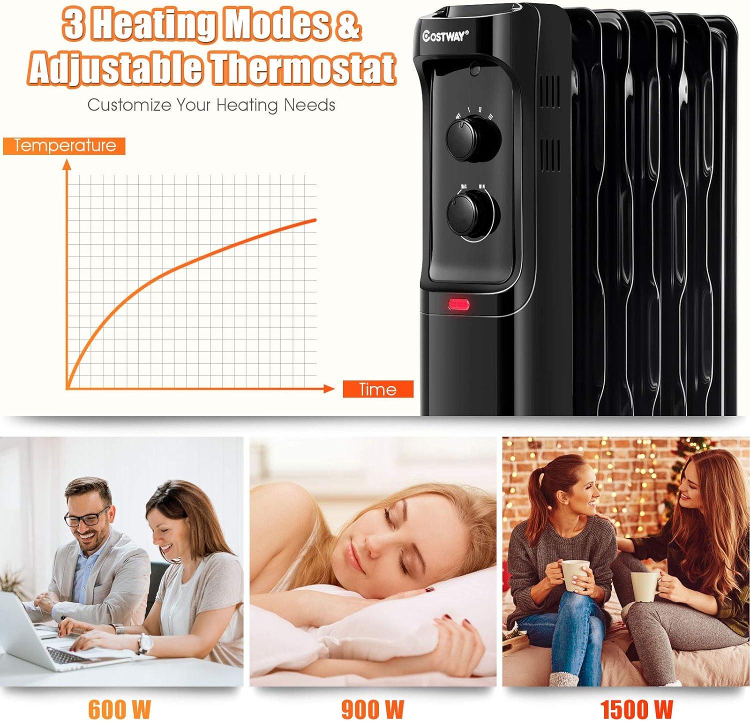Costway 1500W Oil Filled Heater Portable Radiator Space Heater w/Adjustable Thermostat Black