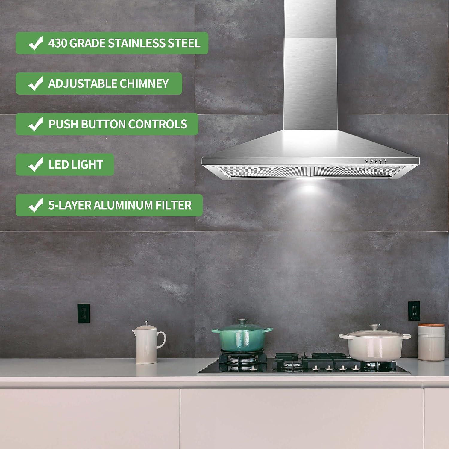 SNDOAS Range Hood 30 inch,Wall Mount Range Hood in Stainless Steel With Ducted/Ductless Convertible,Stove Vent Hood with Aluminum Filters,3 Speed Exhaust Fan,LED Light,Button Control