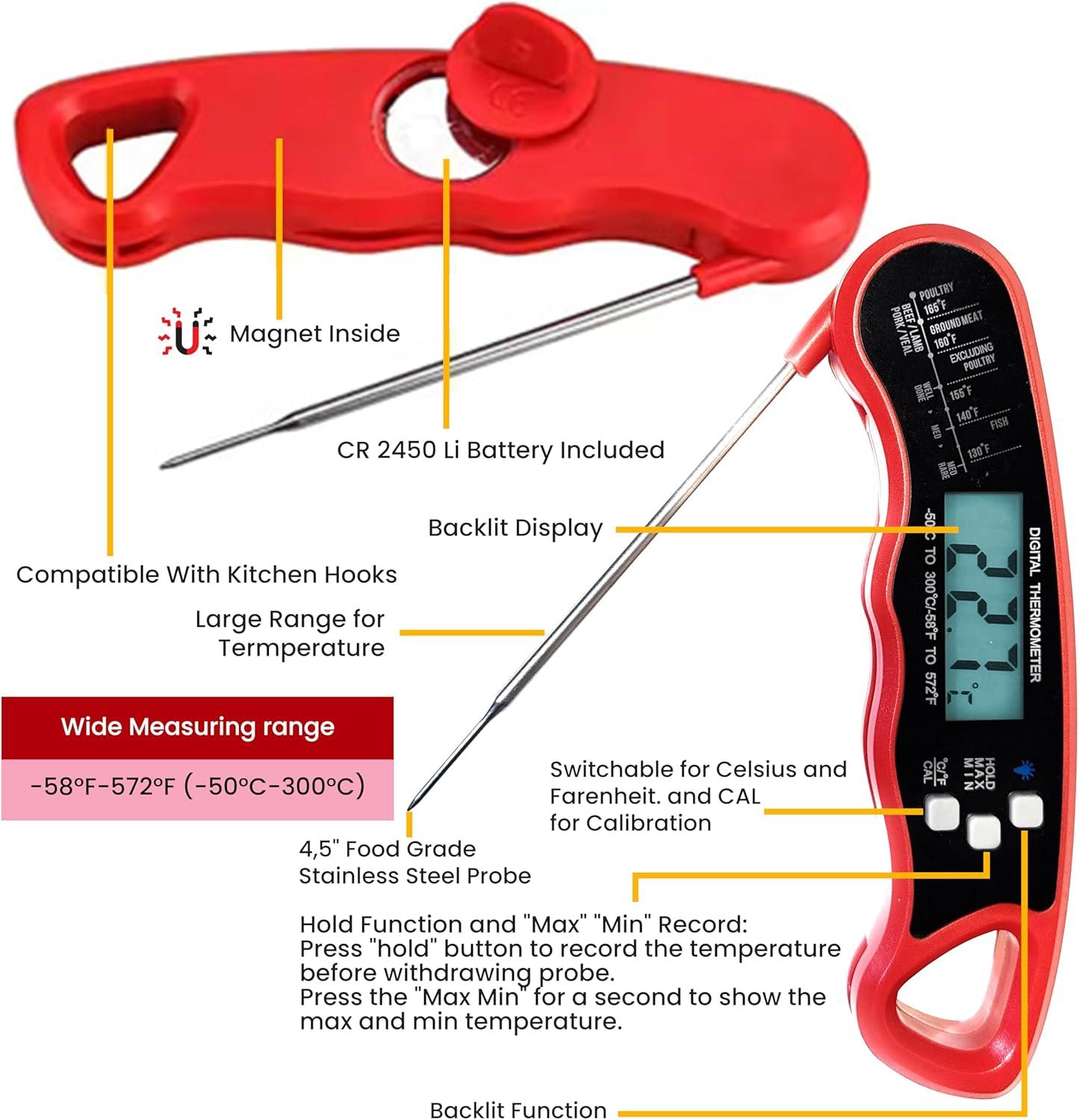 Digital Meat Thermometer for Grill/Cooking Fast Instant Read Waterproof Magnetic Probe Thermometer w/Backlight and Display for Kitchen, BBQ, Frying, etc. Chicken, Steak,or Burgers, Red