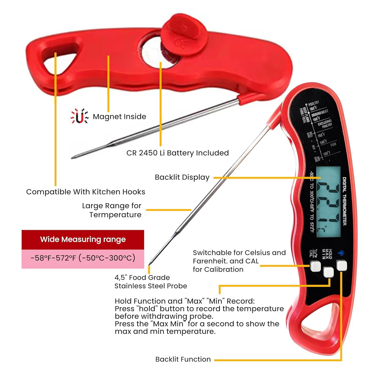 Digital Meat Thermometer for Grill/Cooking Fast Instant Read Waterproof Magnetic Probe Thermometer w/Backlight and Display for Kitchen, BBQ, Frying, etc. Chicken, Steak,or Burgers, Red