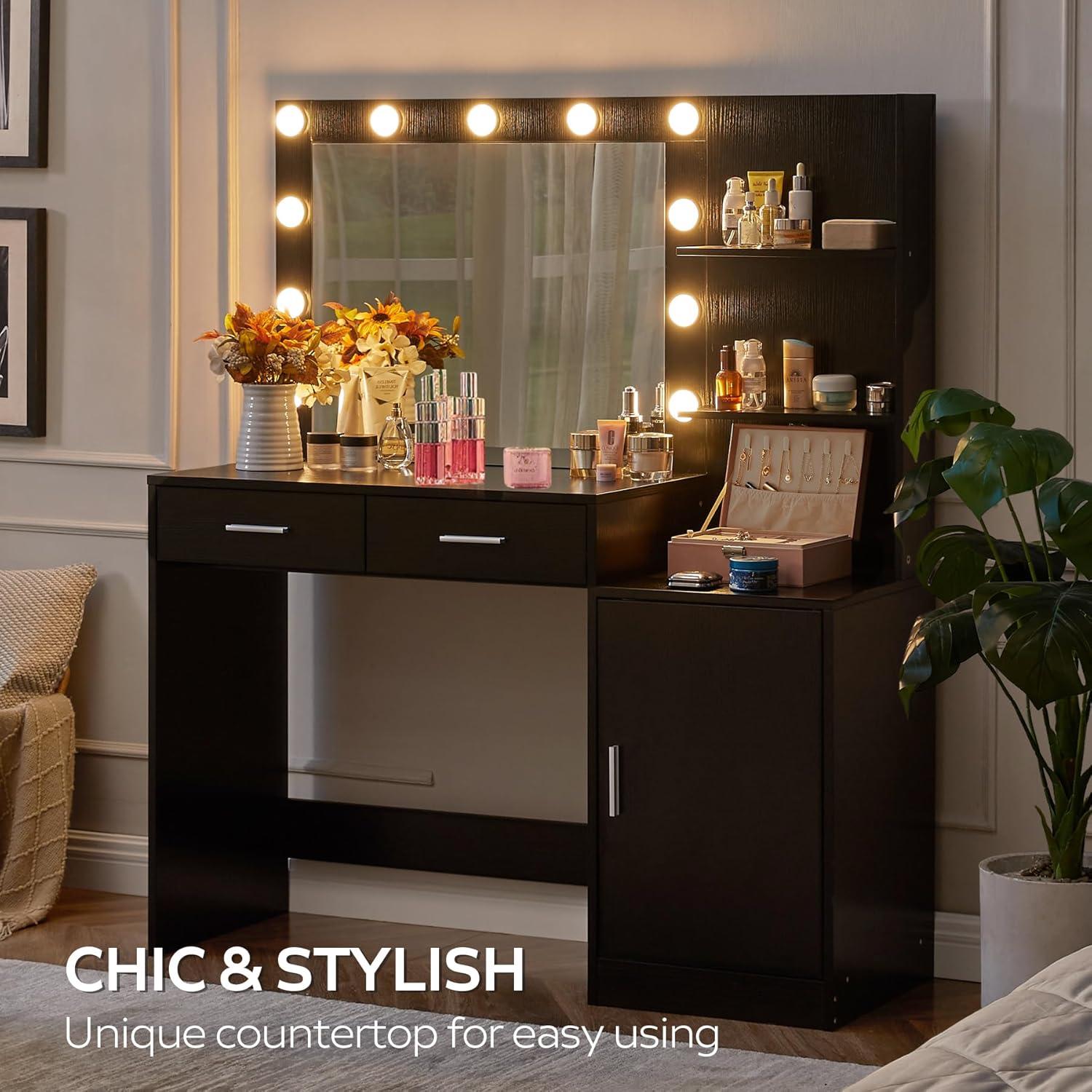 46.7" Vanity Desk with Mirror & LED Lights, Dressing Table with 2 Large Drawers & Vertical Organizer, 3-Tier Storage, 3 Adjustable Lighting Modes, Makeup Desk for Bedroom
