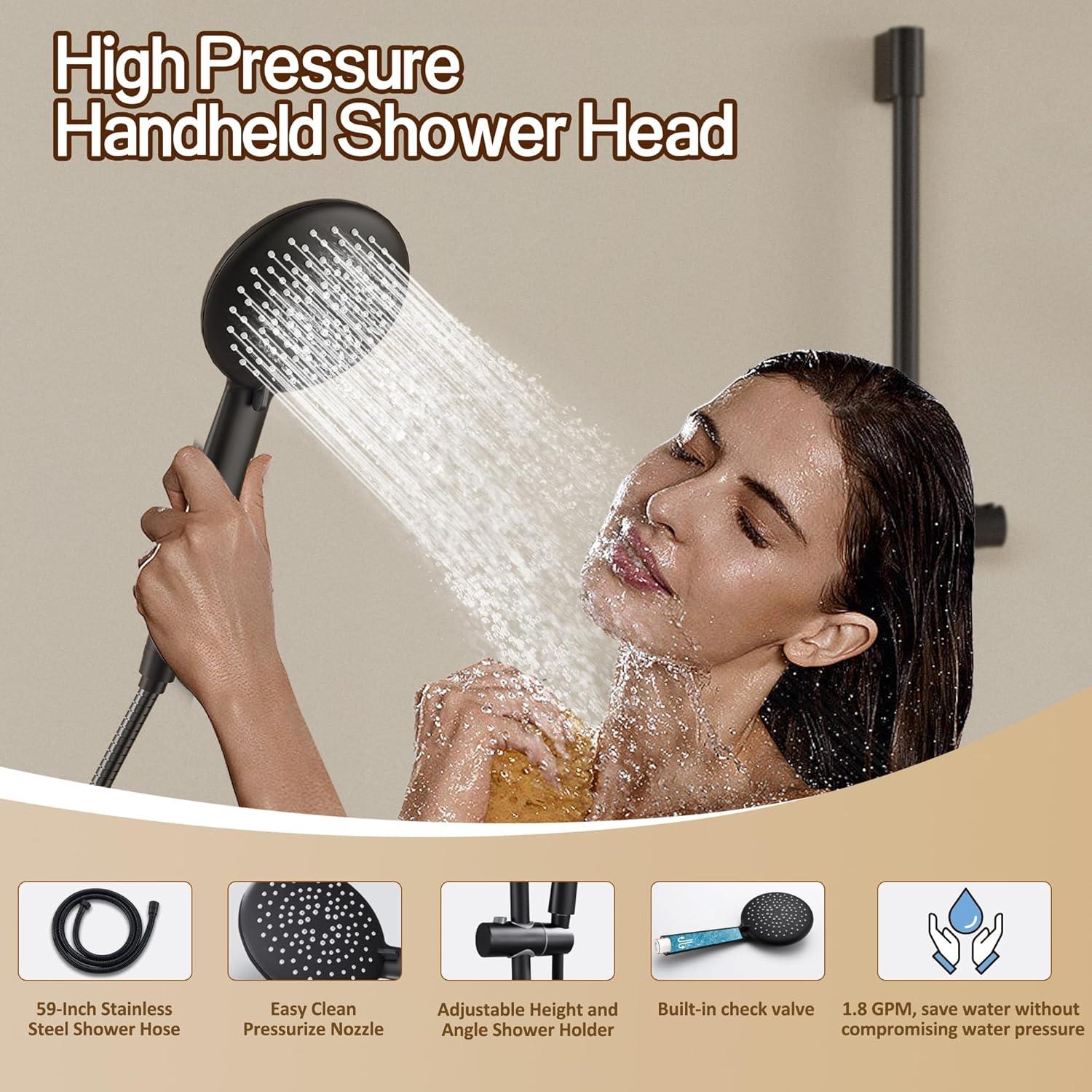 Shower System Shower Faucet Sets for Bathroom with High Pressure 10-inch Rain Shower head and Handheld Shower Head and Brass Valve Inclued, Matte Black