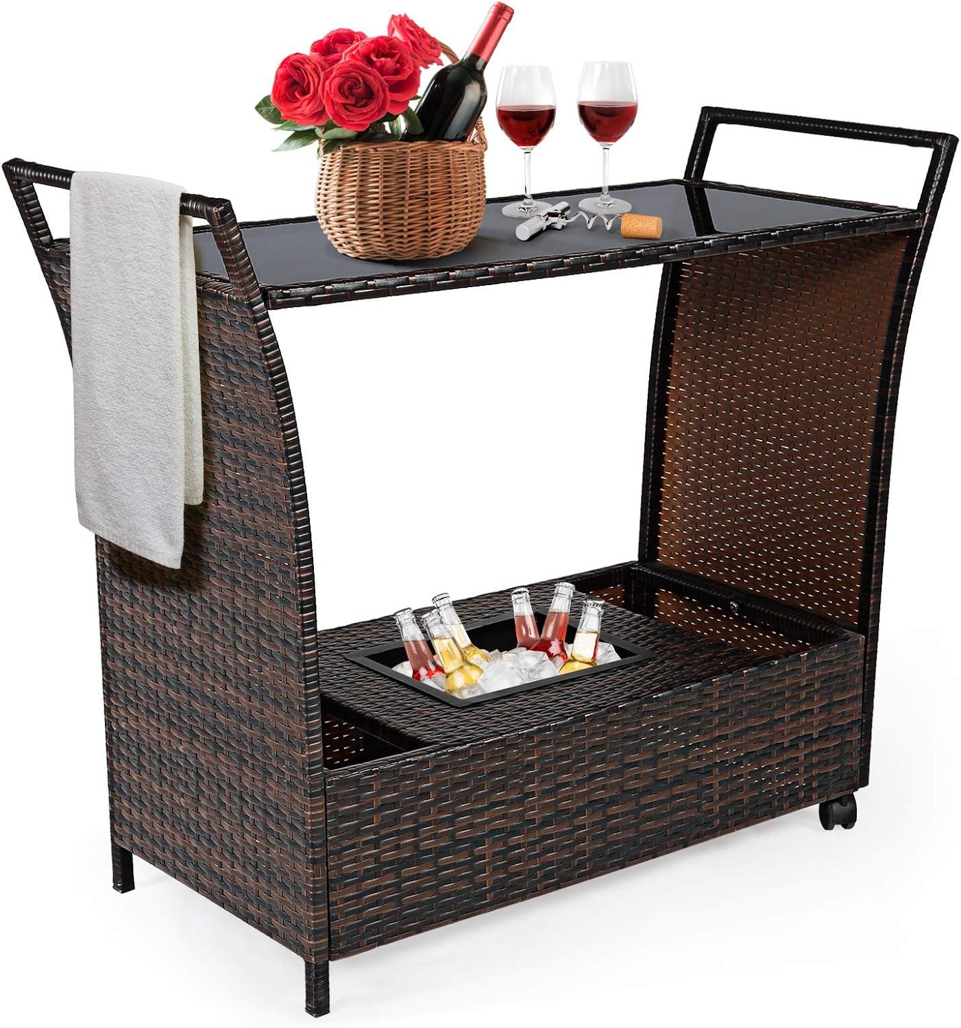 RELAX4LIFE Outdoor Wicker Bar Cart with Removable Ice bucket, Patio Serving Counter Table with Glass Top & Wheels, Storage Compartments Rattan Rolling Trolley for Pool, Backyard,Porch Wine Cart, Brown