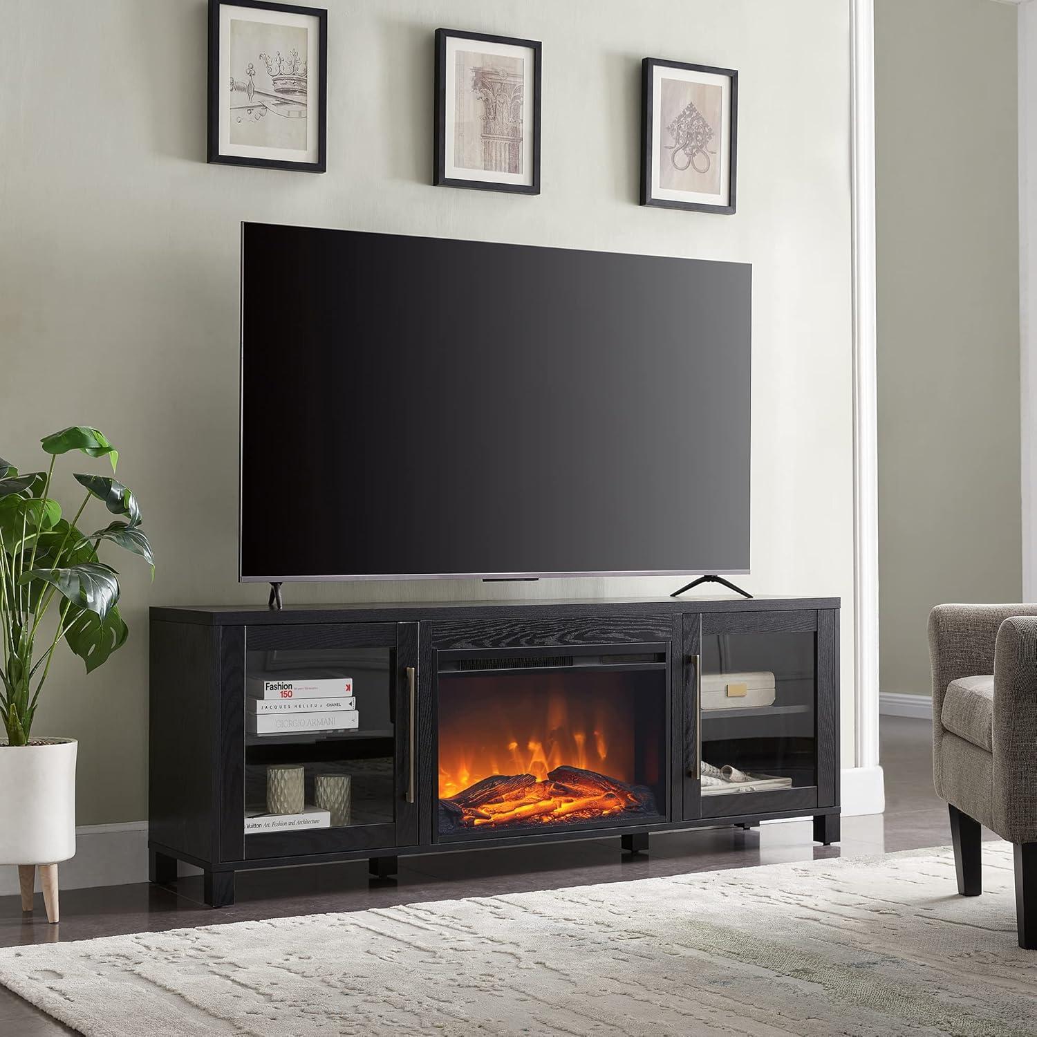 Evelyn&Zoe Quincy Rectangular TV Stand with 26" Log Fireplace for TV's up to 75", White