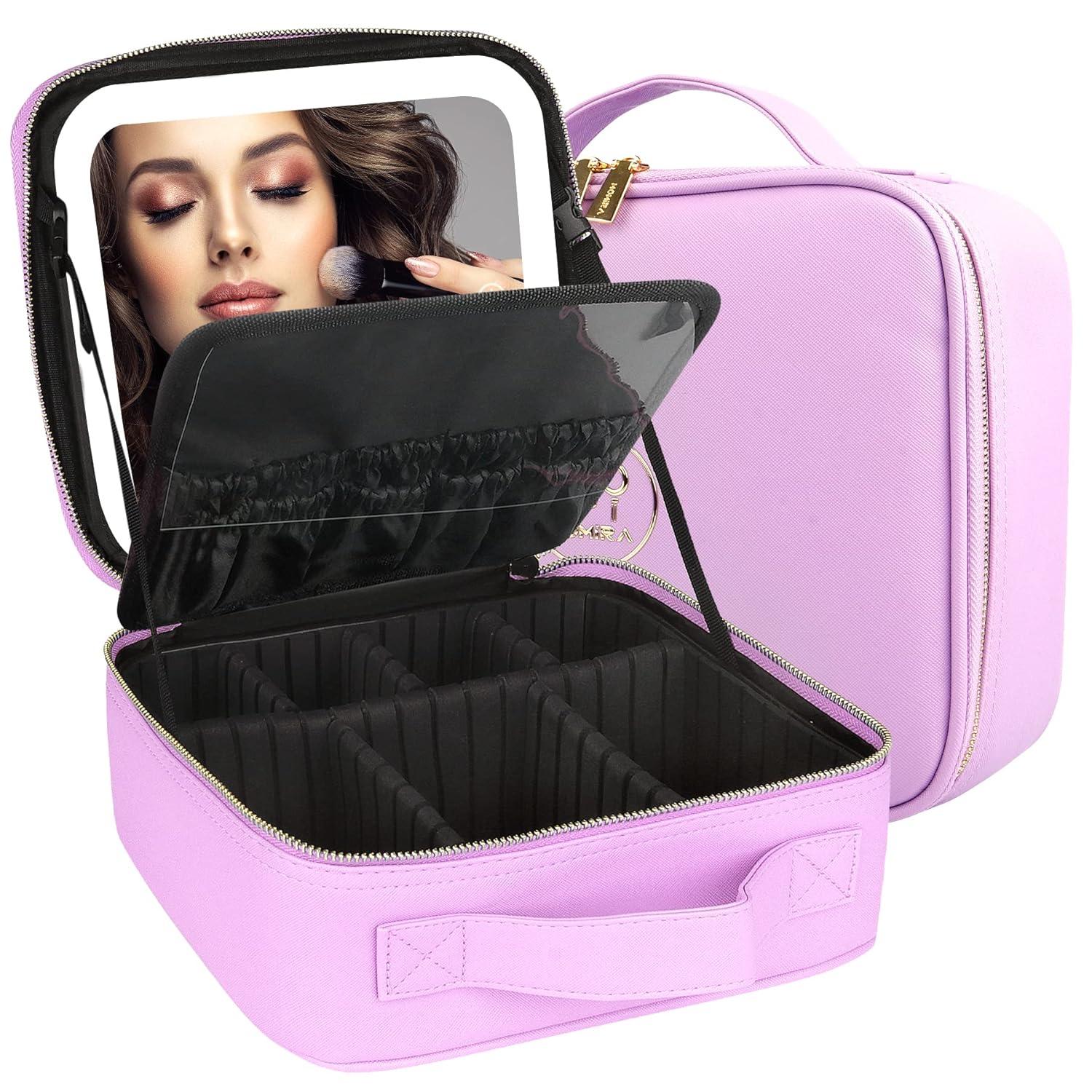 MOMIRA Travel Cosmetic Train Case with Lighted Mirror 3 Color Scenarios Cosmetic Bag Organizer with Adjustable Dividers Makeup Storage for Women, Makeup Accessories & Tools Case Purple