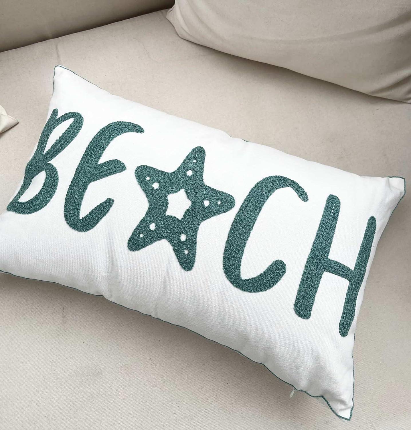 Embroidered Beach Throw Pillow Covers,Beach Decorative Canvas Pillow Cover for Nautical Style Deco 12 X 20 Inches (Beach 1220)